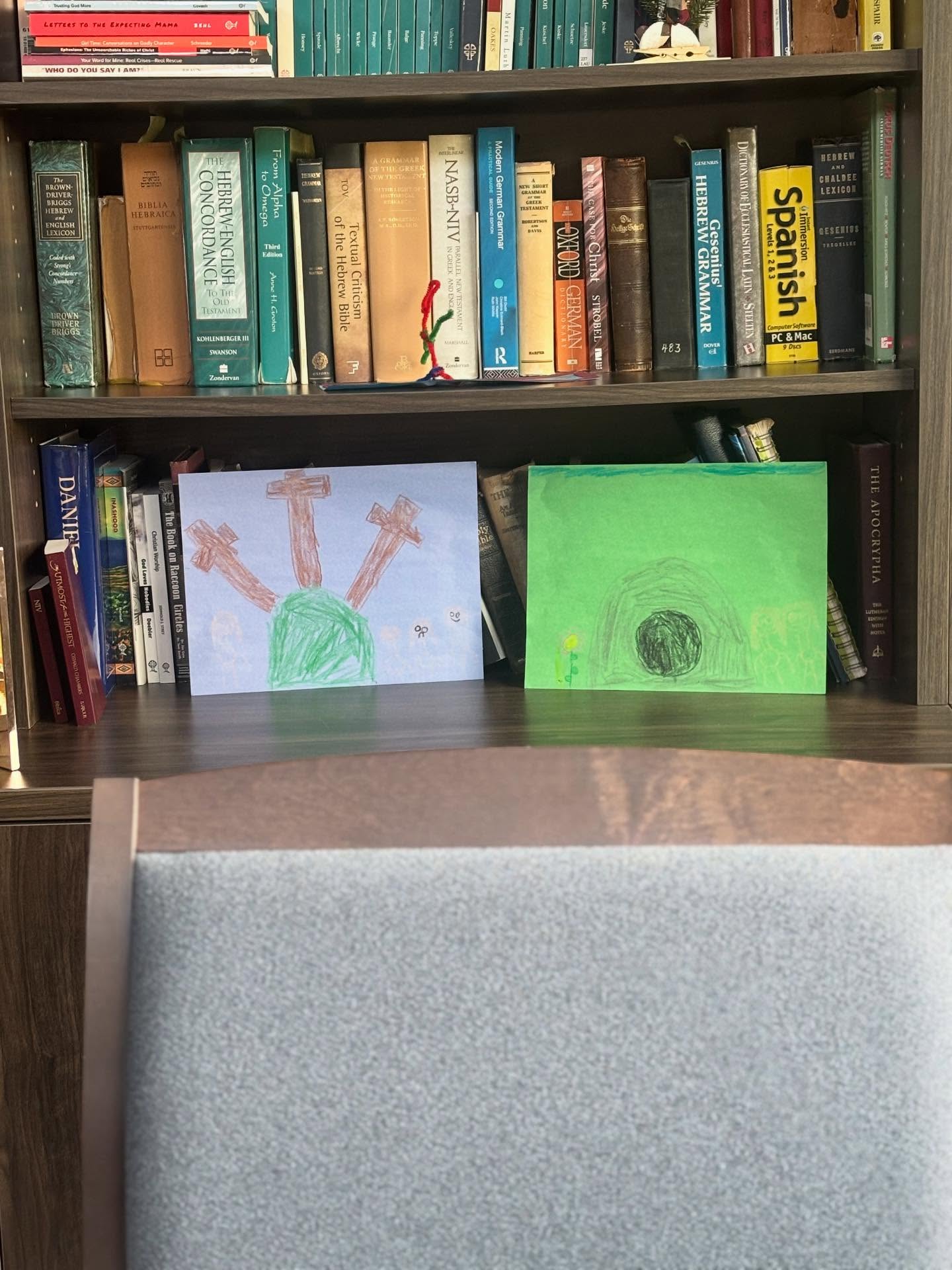 An awesome kindergarten student named Frank made these two pictures of Jesus’ cross and empty tomb. Now they sit in Pastor Groth’s office as a constant reminder of Jesus’ all-important work as our Savior. The impact of Good Friday and Easter is something we can enjoy every day!