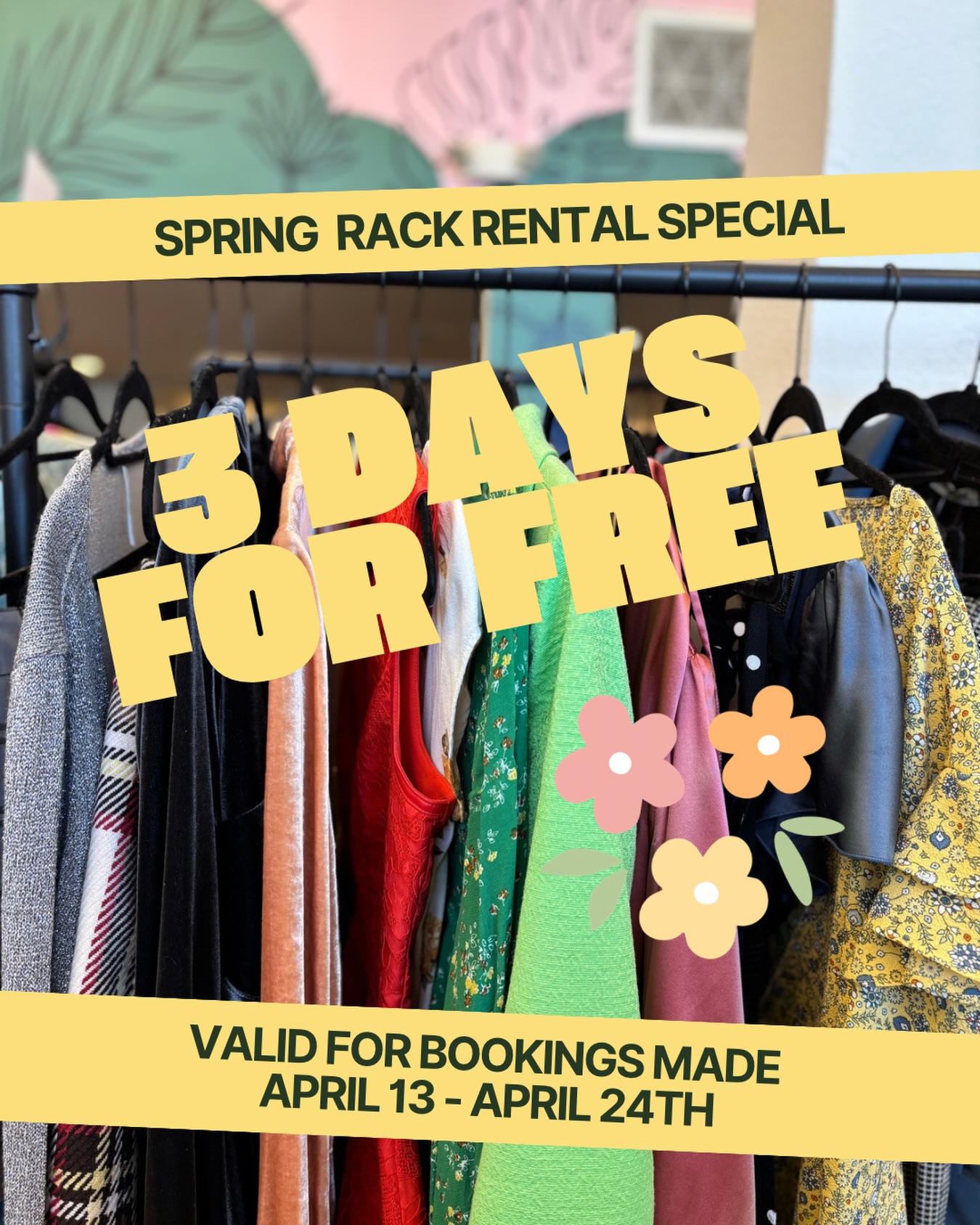 🌸 Spring Closet Refresh Special 🌸
Book your rack now and get 3 extra days FREE!
Valid for reservations made today through April 24th.
It’s the perfect time to clean out your spring closet, make space, and turn your clothes into cash 💸
👉 Reserve your rack before spots fill up!
#sellyourclothes #recycleyourstyle♻️ #rentarack