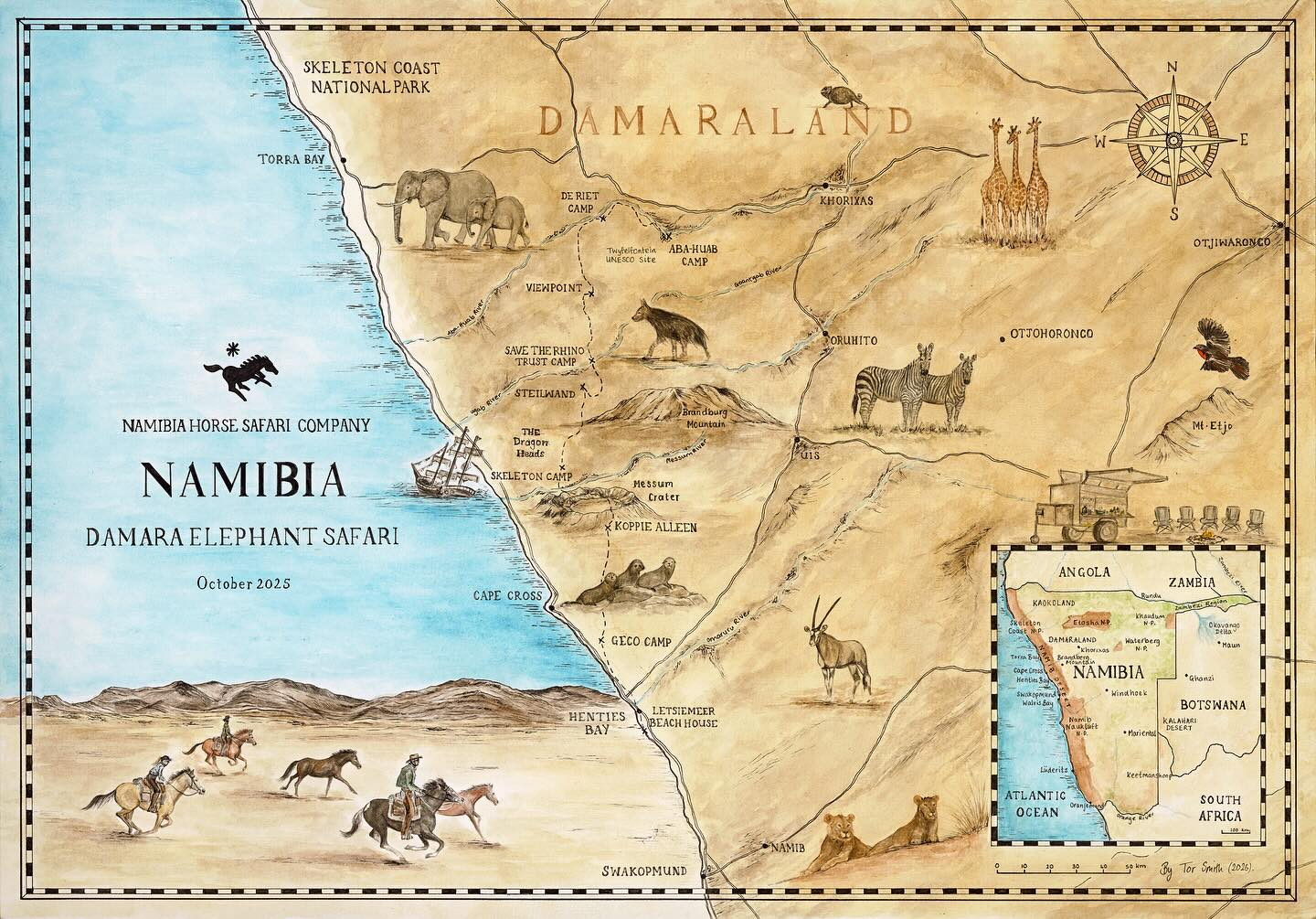 The finished piece - Damaraland, Namibia 🇳🇦
The Damara Elephant Safari route, mapped and brought to life. From vast desert landscapes to rare wildlife encounters, this experience was truly eye opening.
So special to turn a personal adventure into something tangible for others that have had the fortune of experiencing this place too 🤍
Prints of this map are available on request (dates can be customised).
@namibiahorsesafaricompany
#Namibia #SafariMap #DamaraElephant #TravelMemories #AdventureArt #BespokeDesign #EventStationery #TravelInspired #MapDesign