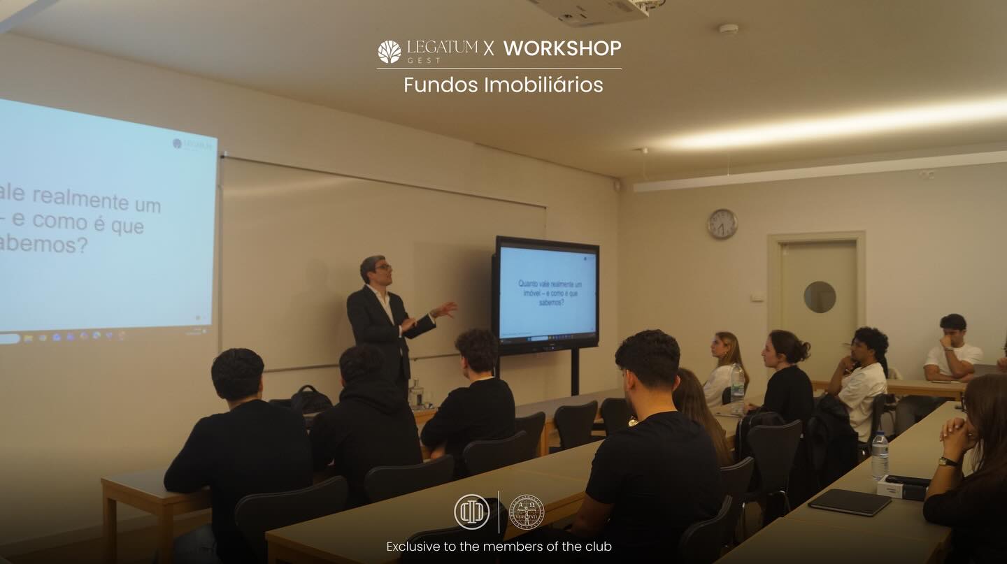 We would like to extend our sincere thanks to José Miguel Marques, CFA, and CFA Society Portugal for leading this insightful workshop on real estate funds.
Throughout the session, participants had the opportunity to gain a deeper understanding of what real estate funds are and how they can be properly evaluated. The workshop also explored how current market conditions and macroeconomic developments impact this asset class, while highlighting the role real estate funds can play as part of a well-diversified investment portfolio.
Thank you once again to José Miguel Marques and CFA Society Portugal for sharing their expertise and contributing to the academic and professional development of our participants.
Católica Porto Investment Club
Your future. Your choice.