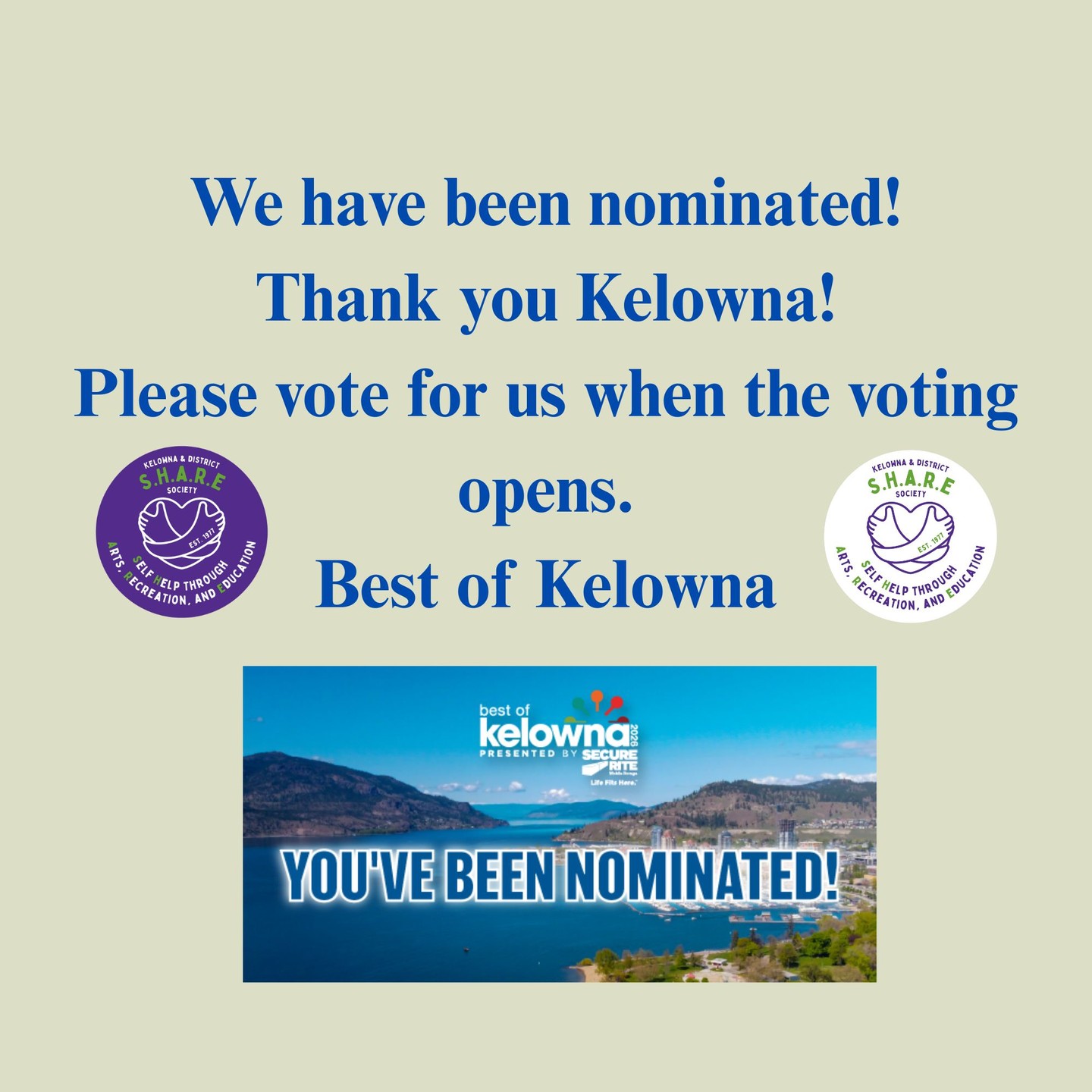 Congratulations Share Thrift Store! You've been nominated for Best of Kelowna 2026 in the category of Best Thrift or Second Hand Store.