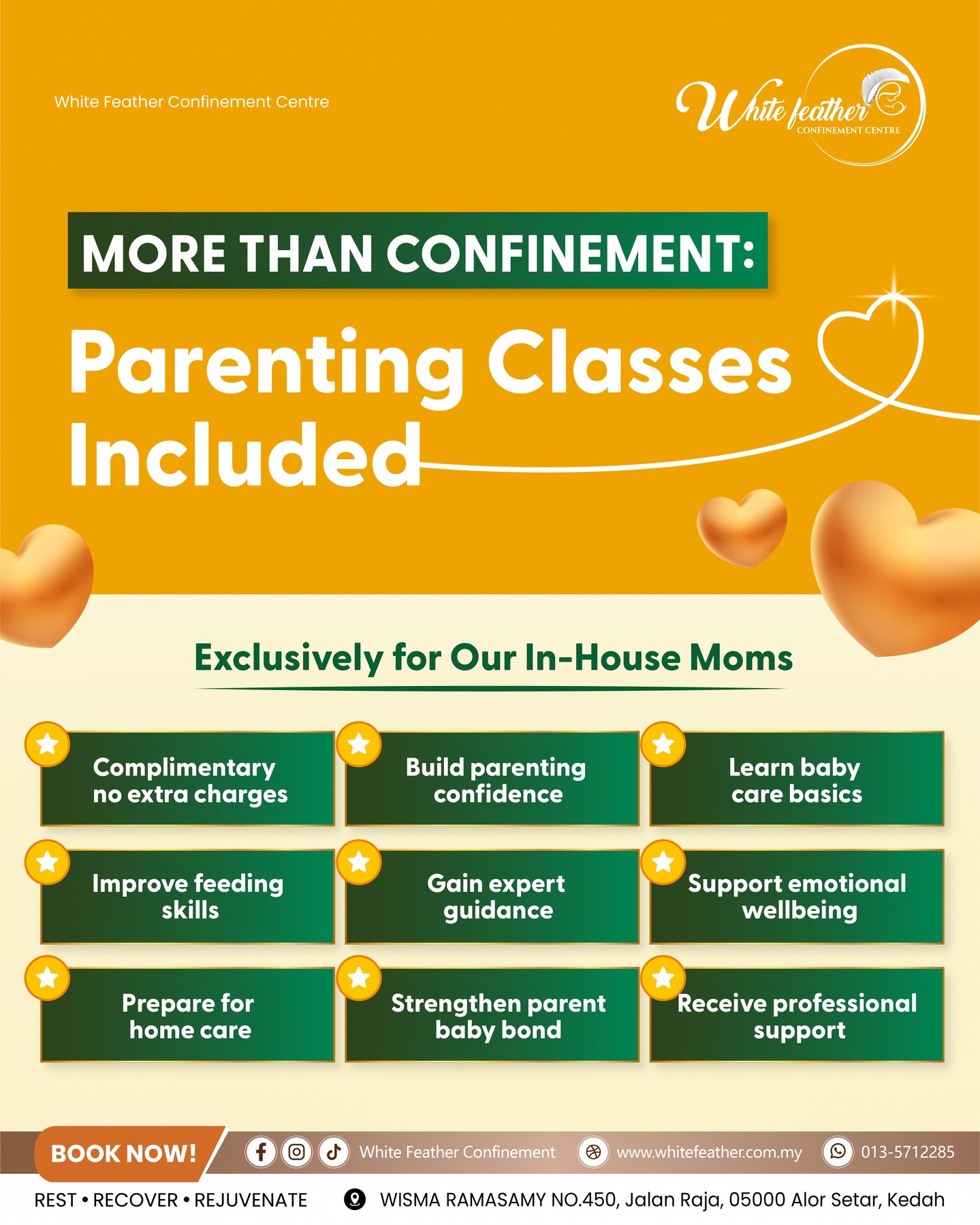 It’s not just only confinement! it’s care, learning, and support ✨
At White Feather, we go beyond providing a comfortable space for recovery, we create a nurturing environment where moms feel supported every step of the way.
Enjoy FREE parenting classes designed for our in-house moms, helping you gain confidence and knowledge as you begin your motherhood journey.
Need reassurance or facing any concerns? You’ll also have direct access to a doctor, so support is always within reach.
Because at White Feather, your wellbeing and your baby’s always comes first 🤍
#REST #RECOVERY #REJUVENATE
📌📲 For more information, contact us at 013-571 2285.
#PremiumConfinement #ConfinementAlorSetar #WhiteFeatherConfinementCentre #HealingwithWhiteFeather
#NurturingCare