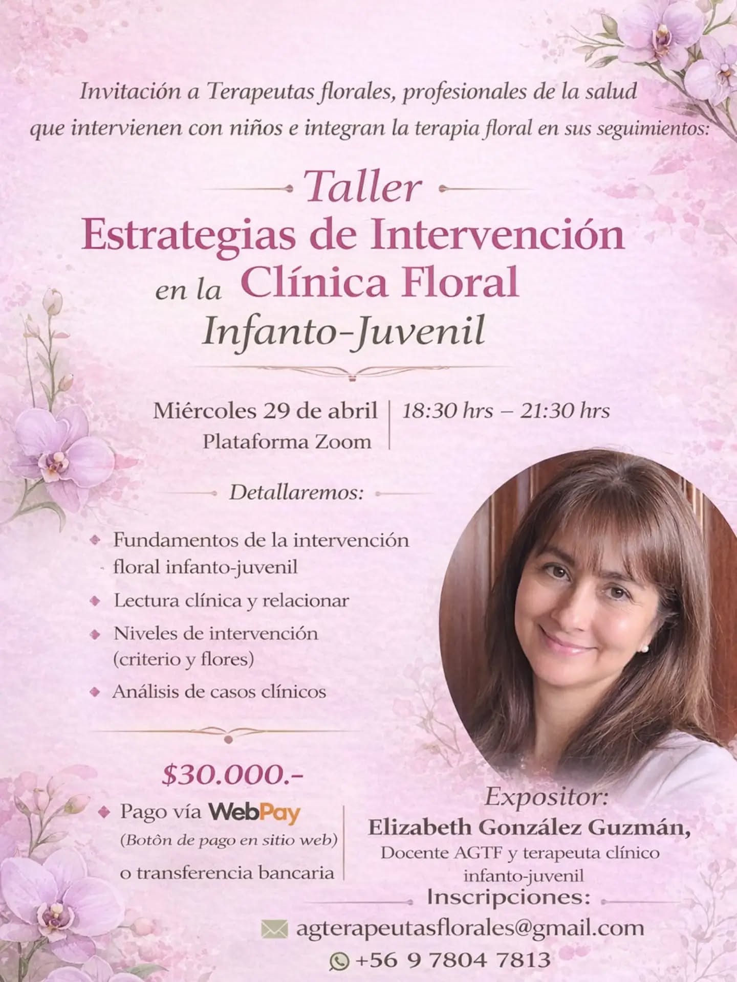 La Asociación Gremial de Terapeutas Florales de Chile te invita a ser parte de su Ciclo de Formación Continua, un espacio diseñado para seguir profundizando y fortaleciendo tu práctica clínica.
En esta oportunidad, te presentamos el taller:
“Estrategias de Intervención en la Clínica Floral Infanto-Juvenil”
Un espacio formativo donde podrás adquirir nuevas competencias para tu consulta, integrando una mirada clínica, vincular y práctica en el acompañamiento de niños y adolescentes.
Este taller está dirigido a:
🌻Terapeutas florales
💧Profesionales de la salud
🔥Especialistas que realizan intervenciones integrativas con terapia floral
Te invitamos a seguir desarrollando tu camino terapéutico, ampliando tu comprensión y profundizando tu intervención clínica.
Inscripciones abiertas
👀Valor $30.000.- Puede consultar al mail o al número para inscribirse al taller.
Para solicitar información, se puede contactar a través de los siguientes medios:
Email: agterapeutasflorales@gmail.com
WhatsApp: +56 9 7804 7813