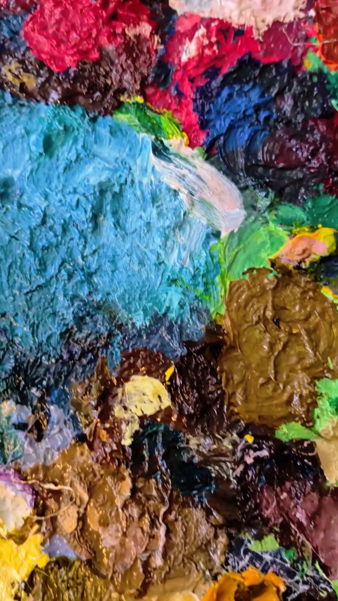 *insert mixing sounds here* I love reusing palettes and seeing all of the layers and colors of past paintings come together #paintpalette #wip #behindtheart #cccaldwellart #theepiccontd