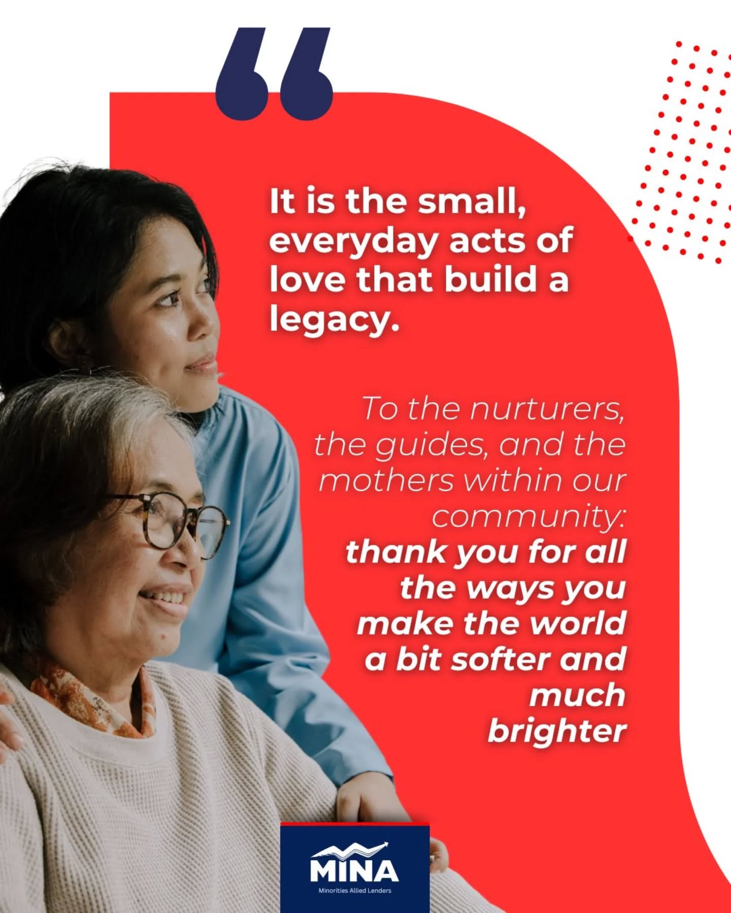 It is the small, everyday acts of love that build a legacy.
To the nurturers, the guides, and the mothers within our community: thank you for all the ways you make the world a bit softer and much brighter.
Happy Mother’s Day!
#MINA #mothersday