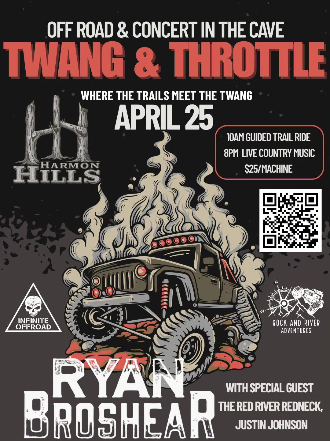 Come out to @harmonhills_adventure in Slade KY for the @infinite_offroad & @rock_and_river_adventures #twangandthrottle Country Concert In The Cave with the one and only Ryan Broshear. Pack up your machine and hit the dirt where the trail meets the Twang!
DETAILS & TICKETS:
Get ready to ride the trails at Harmon Hills and finish the day with an intimate country concert in the cave with Ryan Broshear!
Get ready for a one-of-a-kind Kentucky adventure combining off-road adrenaline and authentic country music at Twang & Throttle at Harmon Hills in Stanton, Kentucky— nearby the beautiful Red River Gorge.
We’ll kick off the day with a guided off-road trail ride through the rugged terrain and scenic trails of Harmon Hills. Bring your side-by-side, ATV, Jeep, or off-road rig and ride with country music artist, Ryan Broshear, and fellow outdoor enthusiasts as we explore the hills together.
After a full day on the trails, the evening winds down with something truly special: an intimate acoustic country concert inside a cave featuring Ryan Broshear. Ryan’s traditional country sound gives way for the perfect atmosphere for a night of music deep in the Kentucky hills.
This is a limited-capacity experience designed for fans of off-roading, country music, and unique outdoor events.
What Your Eventbrite Ticket Includes
• Guided Twang & Throttle Off-Road Trail Ride
• Live acoustic cave concert with Ryan Broshear
• A unique country music + off-road community experience
https://www.eventbrite.com/e/twang-throttle-off-road-ride-cave-country-concert-with-ryan-broshear-tickets-1985209284410?aff=oddtdtcreator&fbclid=IwY2xjawRXK4xleHRuA2FlbQIxMABicmlkETFzdnV4RUltNjBwcFdmdzhrc3J0YwZhcHBfaWQQMjIyMDM5MTc4ODIwMDg5MgABHnxEo_Ex0rJx3SfQoV93zUME3m0QOnfPwWwn5Vd6uWOY7JoogNvRJj9jbvwx_aem_RaUCahOwQniOQMF9chNqGA