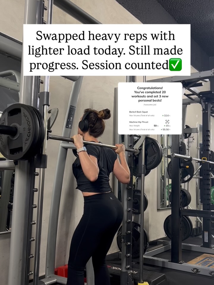 Today I felt tired and I didn’t feel to lift heavy .
So I swapped the BB Back Squats to the Smith Machine , BB hip Thrust to the booty builder and bilateral RDLS to B-Stance RDLs .
Same movement patterns but different weight .
Progress was going down ?
Not . If you know how to train smart .
And my APP showed that even with lighter weight I hit new PB.
This confirms once again that you don’t have to lift heavy to increase strength or build muscle .
You can still reach failure with lighter load . And my HR still reached 160 by the end of my top set .
Your body doesn’t know the weight you are using . He knows effort, fatigue and how hard you are working .
📍if you want to learn new methods and be coached to reach real results , DM me and let’s chat .
#onlinefitnesscoaching