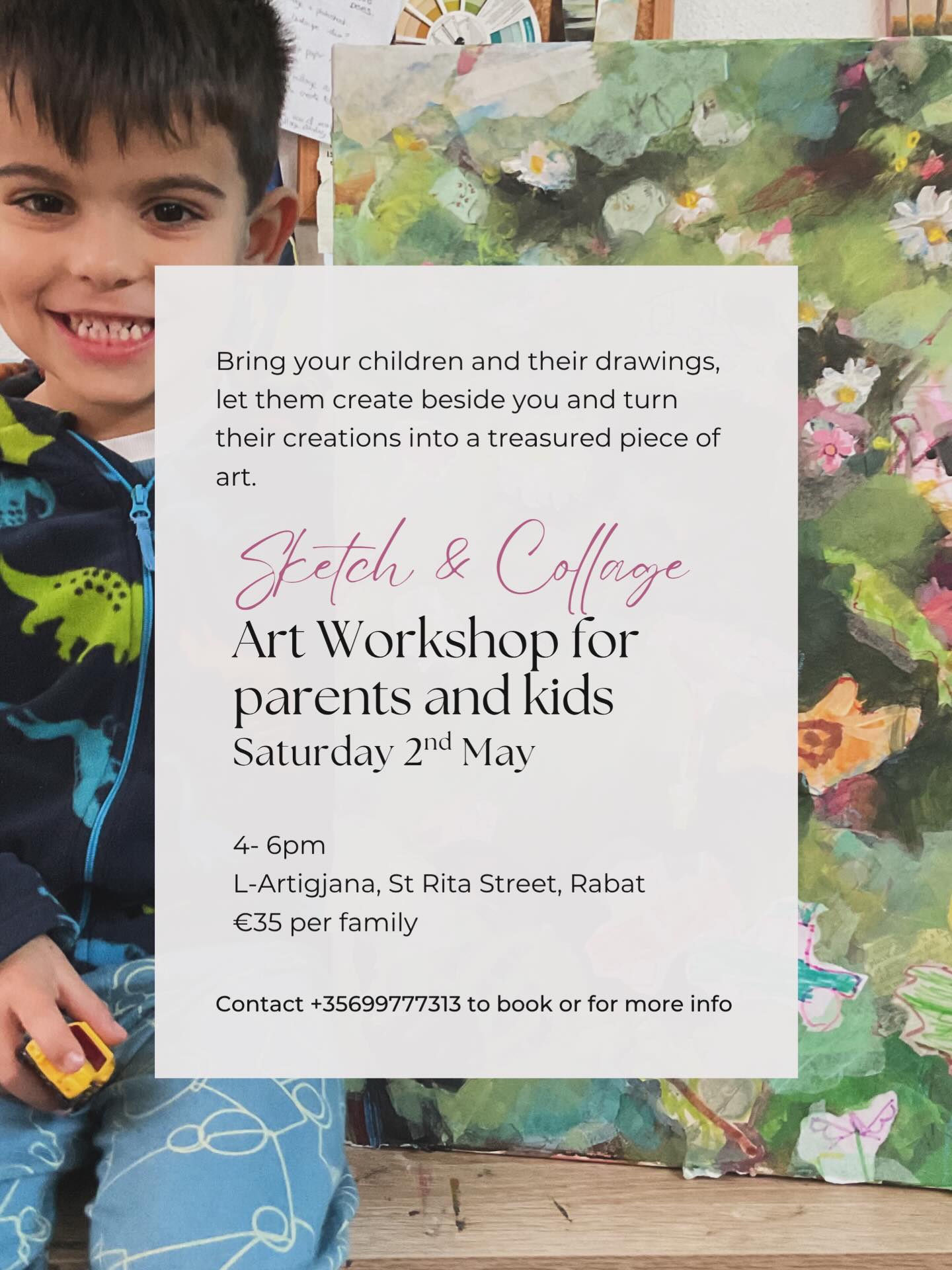 If you’re overwhelmed by children’s drawings, then this workshop is just what you need! Have a cosy afternoon bonding over art and learn how to transform your child’s beloved art into a treasured memory.
All painting and collage materials etc will be provided but you’re encouraged to bring your kid’s drawings and paintings with you, and for them to create with you on the day! All ages and skills are welcome.
🌸Places are limited so book to avoid disappointment.🌸
Where: L-Artigjana, St Rita St, Rabat
When: Saturday 2nd May, 4-6pm
#artworkshop #workshopmalta #funwithkids #maltaevents #arteventsmalta