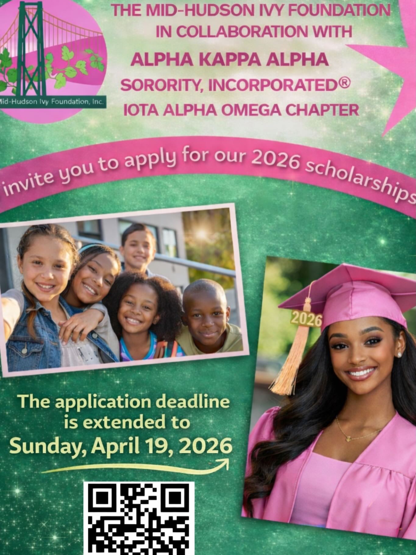 Great News! The application deadline for the 2026 scholarships has been extended to Sunday, April 19, 2026. 🎓
Apply today. The link is available in our bio.
#alphakappaalphasororityinc
#midhudsonivyfoundation
#iotaalphaomega
#deadlineextension