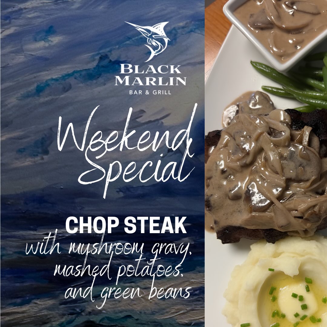 Our Chop Steak is here and it’s everything you want—tender, smothered in rich mushroom gravy, served with buttery mashed potatoes and crisp green beans.
Come treat yourself… this one won’t last long.
BlackMarlinPA.com