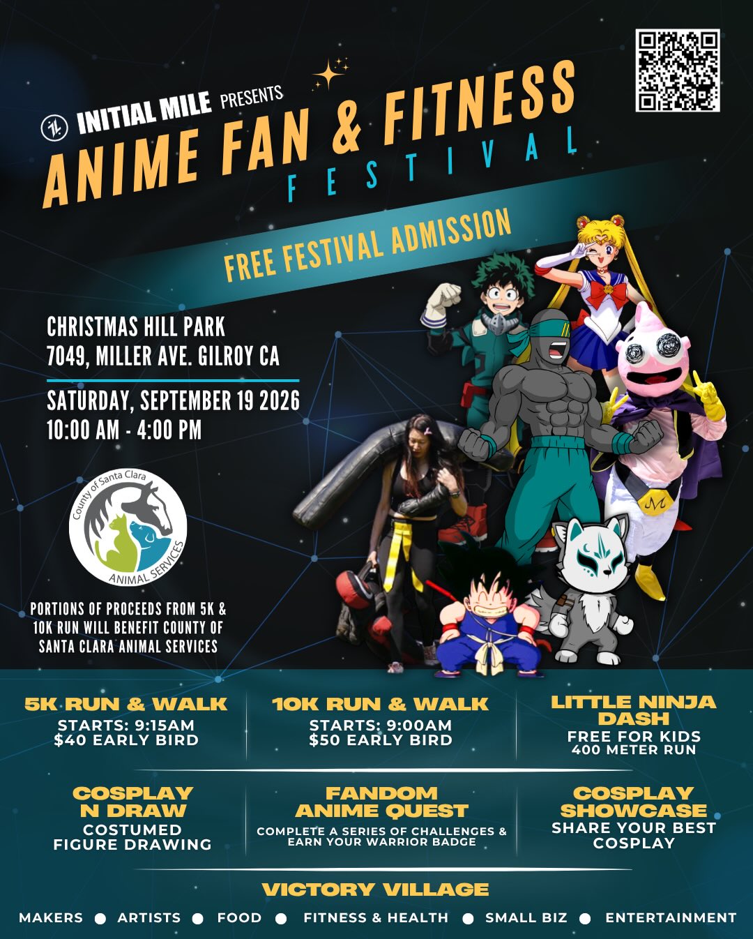 Join us on Saturday September 19 at Christmas Hill Park in Gilroy for our second annual Anime Fan & Fitness Festival, the ultimate event where the worlds of fitness and anime collide.
Sign up for our 5K & 10K Run
Push your limits like the Saiyan race or test your endurance like the Uma Musume universe by registering for our 5k or 10k run! Whether you’re chasing a PR or just starting your journey, this is your moment to not only go beyond your limits but also support the Santa Clara Animal Services! Portions of your race registration will support our animal friends. Don’t forget to bring your little warriors and register them for our FREE Little Ninja Dash.
FREE Fandom Anime Quest Challenge
Not ready to run? No problem. Jump into our interactive quest challenge hosted by multiple community fandom partners! Complete missions, explore the event, and unlock your inner warrior and earn your warriors badge.
Cosplay N’ Draw Event
Show off your creativity! Come dressed as your favorite character, sketch various cosplayers, and connect with fellow artists and fans.
Cosplay Showcase
Whether you’re a seasoned cosplayer or just stepping into the world of cosplay for the first time, we welcome you to share your cosplay creation with the community by joining our family-friendly Cosplay Showcase.
Whether you’re here to compete, create, or just vibe with the community, there’s something for everyone.
Learn more about our festival events, becoming a vendor and performance/demonstration opportunities by checking out the links in our bio.
Big thank you to our sponsors, @anyyums_official @the.baking.connection , @thehouseofsnackflavor , O. Dalal and D.Kumar for leveling up the race, entertainment and festival vibes!
Shoutout to @cosplayndraw for hosting our cosplaying drawing event!
Shoutout to our Fandom Anime Quest team @garlic_city_hybrid_training @xiosfitness @hscgym @teaminfernocosplay and @ironhouserabbit for bringing the anime verse to our festival. Be sure to visit each station to take on each anime inspired movement challenge and earn your Initial Mile badge!
#AnimeFanandFitnessFestival #initialmile #bayareaevents #animefestival #fitnessfestival