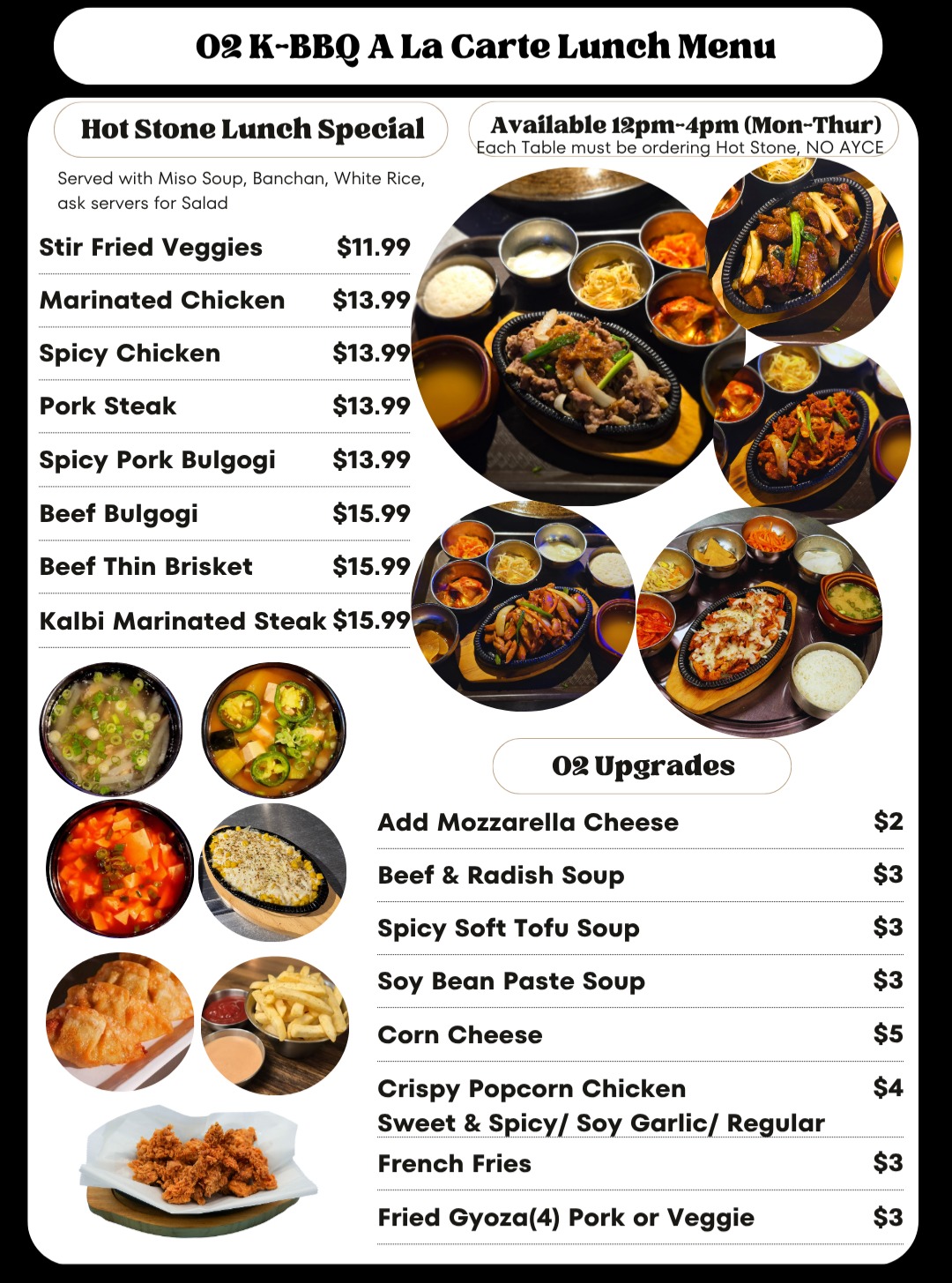 Dine-In Hot Stone Lunch Specials now available at O2 KBBQ Guttenberg 🔥
Served sizzling hot and packed with flavor, every set comes complete with soup, banchan, and rice for the perfect midday feast. 🥢
🥢 Stir Fried Veggies 🥦
🥢 Marinated Chicken 🍗
🥢 Spicy Chicken 🌶️🍗
🥢 Pork Steak 🥩🐖
🥢 Spicy Pork Bulgogi 🌶️🐖
🥢 Beef Bulgogi 🥩
🥢 Beef Thin Brisket 🥓
🥢 Kalbi Marinated Steak 🔥🥩
Make it even better with upgrades like Spicy Soft Tofu Soup or Crispy Popcorn Chicken 👀
⏰ Mon–Thurs | 12PM–4PM
📍 7000 JFK BLVD E, M-24,
Guttenberg, NJ (Dine-in only)
Your new lunch spot is calling.
#O2KBBQ #O2KBBQGuttenberg #GuttenbergNJ #HudsonCountyEats #NorthJerseyEats #NJFoodie #NJRestaurants #KoreanBBQ #KBBQ #HotStone #LunchSpecial #Bulgogi #Kalbi #FoodieFinds #InstaFood #Foodstagram #EatLocalNJ #NJFoodSpots #LunchVibes #FoodReels #RestaurantReels