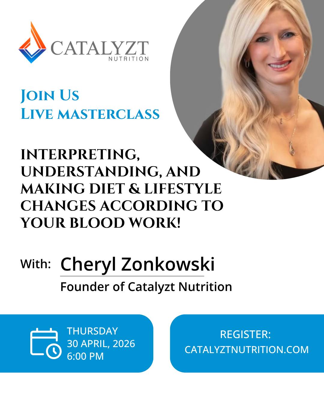 Your blood work is trying to tell you something… most people just don’t know how to read it.
Join Cheryl, Registered Dietitian and founder of Catalyzt Nutrition, for an upcoming masterclass focused on interpreting your blood work and using it to make smarter nutrition and lifestyle decisions.
🗓 April 30th at 6:00pm
📍 Catalyzt Nutrition (Virginia Beach)
Inside this session, you’ll learn how to:
– Understand what your labs are actually saying about your health
– Identify patterns related to inflammation, hormones, and metabolism
– Make targeted nutrition and lifestyle changes based on your results
– Stop guessing and start using real data to guide your decisions
This is where nutrition becomes personal, strategic, and effective, not generic.
🎟 Bonus:
Each masterclass attendance gets you one entry into our raffle. Every 4 weeks, one winner will receive a FREE Catalyzt Lifetime Membership.
If you’ve ever looked at your lab results and thought “now what?”- this is your next step.
Reserve your spot or learn more at the link in our bio!
Spots are limited.
#HealthEducation #PerformanceNutrition #HamptonRoadsWellness #DataDrivenHealth #CatalyztNutrition