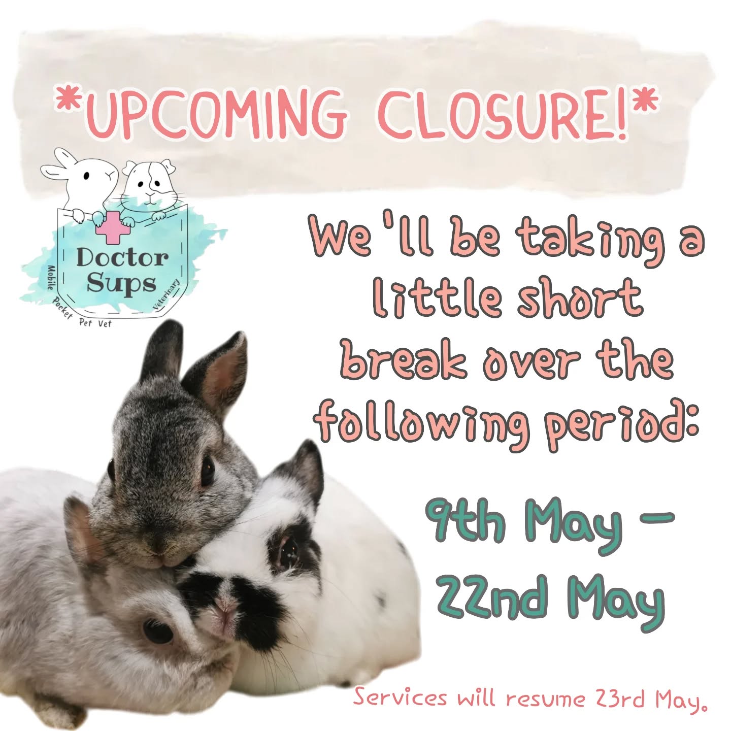 ✨UPCOMING CLINIC CLOSURE✨
Doctor Sups Veterinary will be closed over the following period:
9th May to 22nd May.
During this period, Dr Sups will be unavailable to respond to any enquiries or appointments. If your little friends require ongoing medications, please ensure you have enough supply to last you through our closure periods.
Services will resume on the 23rd May.
#doctorsupsveterinary #doctorsups #pocketpetvet #mobileveterinaryservice