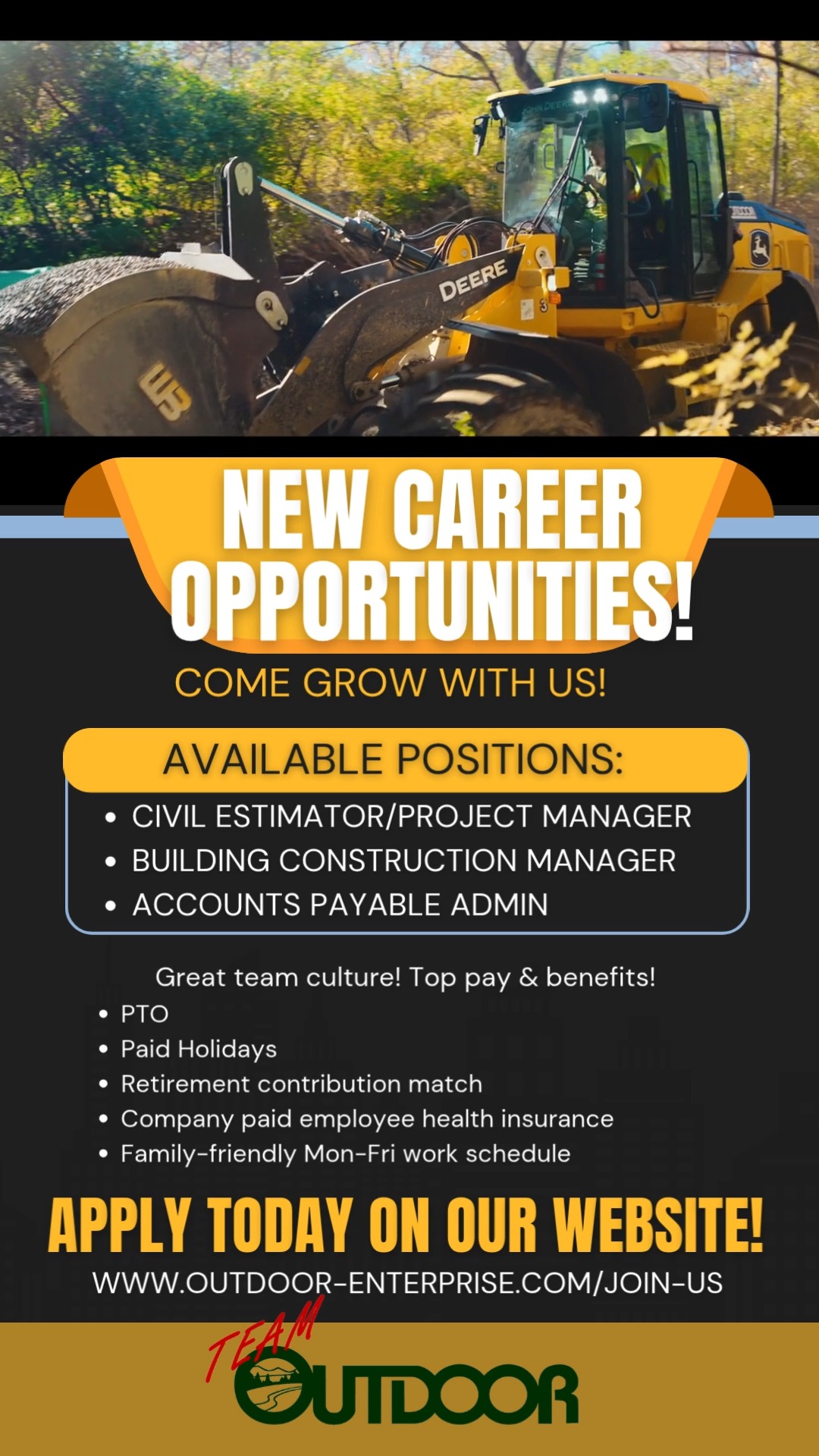 View details and apply on our website at www.outdoor-enterprise.com/join-us. Please share this with your friends and family! Opportunities like these don't come along very often! We look forward to meeting our next team members soon!
#constructionjobs #werehiring #troyohio #ohioconstruction #teamoutdoor #outdoorenterprise #constructioncareers