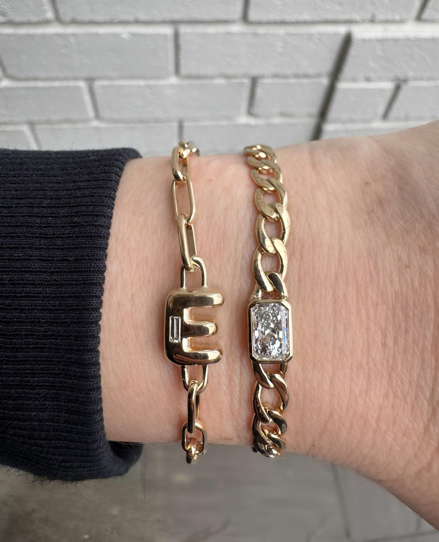 New bracelet stack for new mom ❤️ her daughter’s initial in mini puffy bracelet and a custom curb chain with radiant cut diamond ❤️