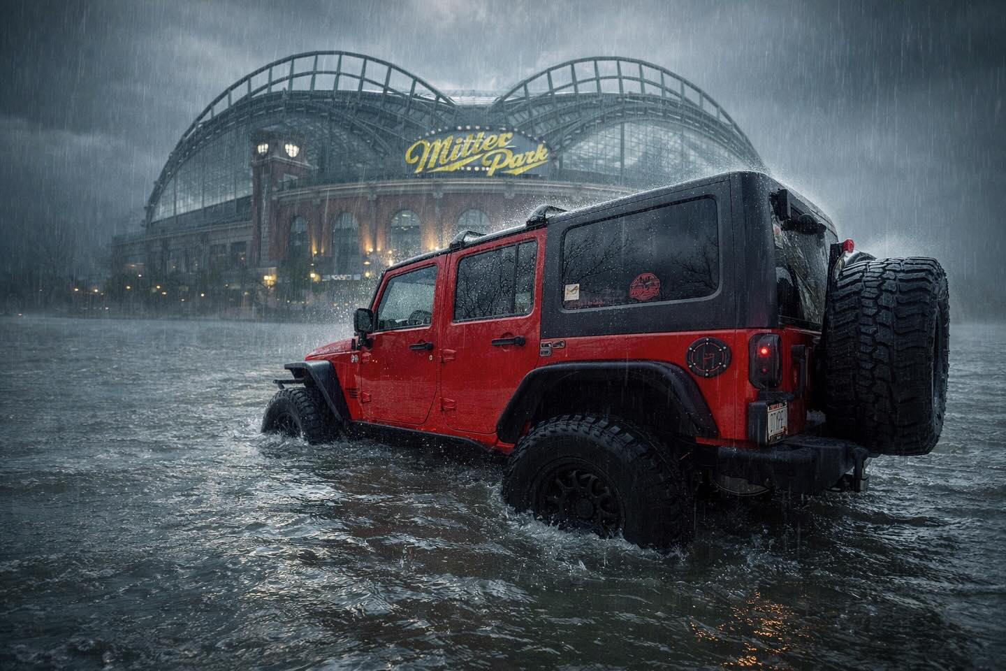 Brewers won! Just a little bit of water to content with at the park. Did do sort of a damper on tailgating though.🤣🤣🤣.
#jeep #rain #millerpark #jeepwranglerunlimited