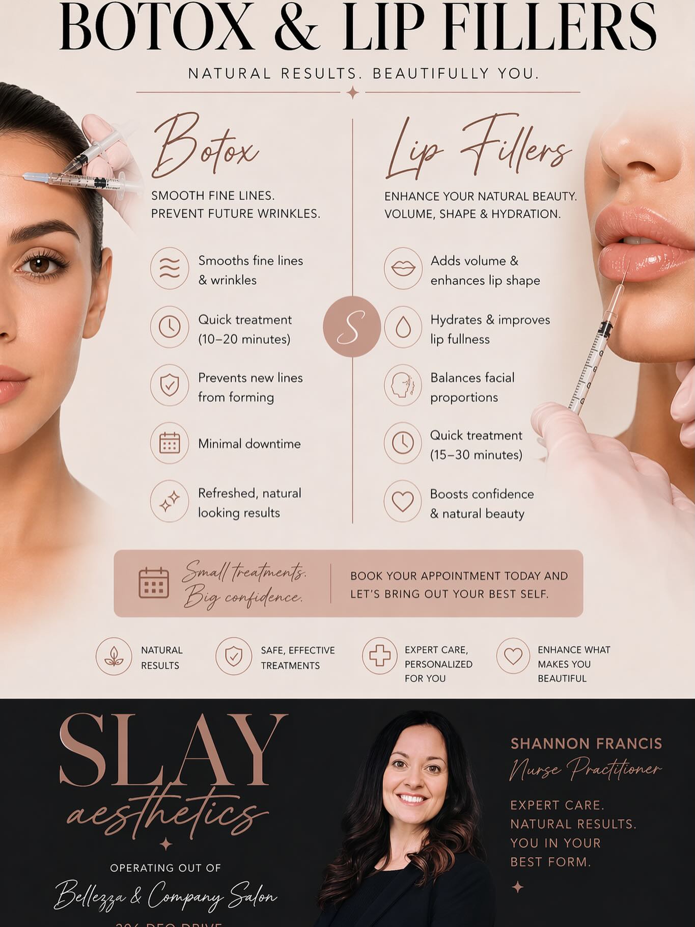 Botox + filler = the perfect beauty maintenance duo ✨
Botox helps soften fine lines and wrinkles while preventing deeper lines from forming, and filler enhances volume, shape, and natural facial balance for a refreshed, confident look.
Small treatments. Big confidence. 💋
Investing in your beauty routine is all about enhancing what makes you feel your best—naturally, beautifully, and confidently.
Book with Slay Aesthetics by Shannon Francis, NP 💉✨
#Botox #LipFiller #Aesthetics #BeautyRoutine #SlayAesthetics