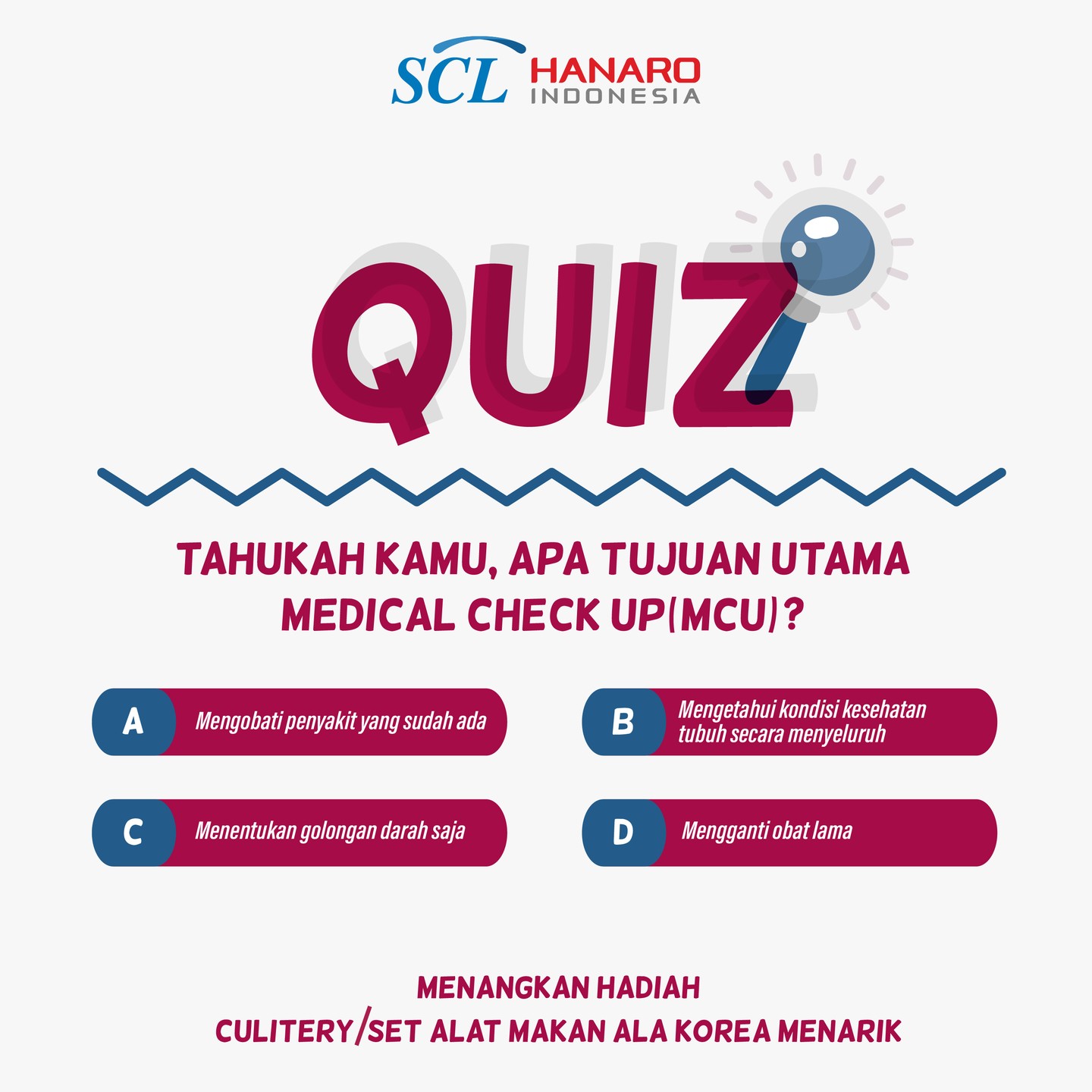💙 GIVEAWAY TIME! 💙�
SHI K-Lab hadir dengan Medical Health Quiz 🧠✨�Yuk, uji pengetahuan kesehatan kamu sekaligus berkesempatan menang satu set alat makan ala Korea untuk masing-masing 5 pemenang beruntung!
Cara ikut:
Follow @lab_klab
Jawab pertanyaan kuis di kolom komentar
Tag 4 teman kamu
Like, comment & share postingan @lab_klab biar peluang menang makin besar 😉
Periode kuis: 21 ~ 30 April 2026
📢 Pengumuman pemenang akan diumumkan di IG @lab_klab
Akan dipilih 5 pemenang dengan jawaban benar & sesuai ketentuan.
Yuk ikutan sekarang dan share info kesehatan ke orang sekitar 💫