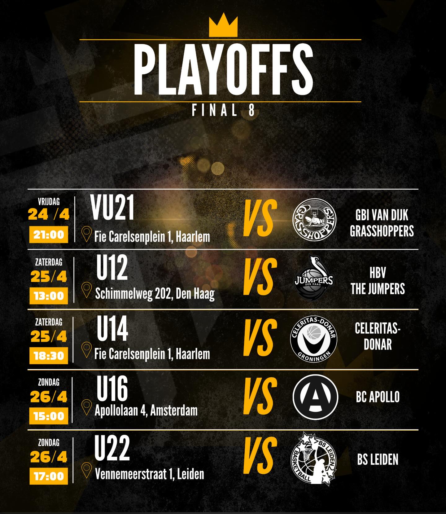 Playoffs mode: 🔛 🔥
VU21, U12, U14, U16 & U22 starten dit weekend met game 1 van de kwartfinales!
LET’S GET IT!🖤🤍
#onefamily