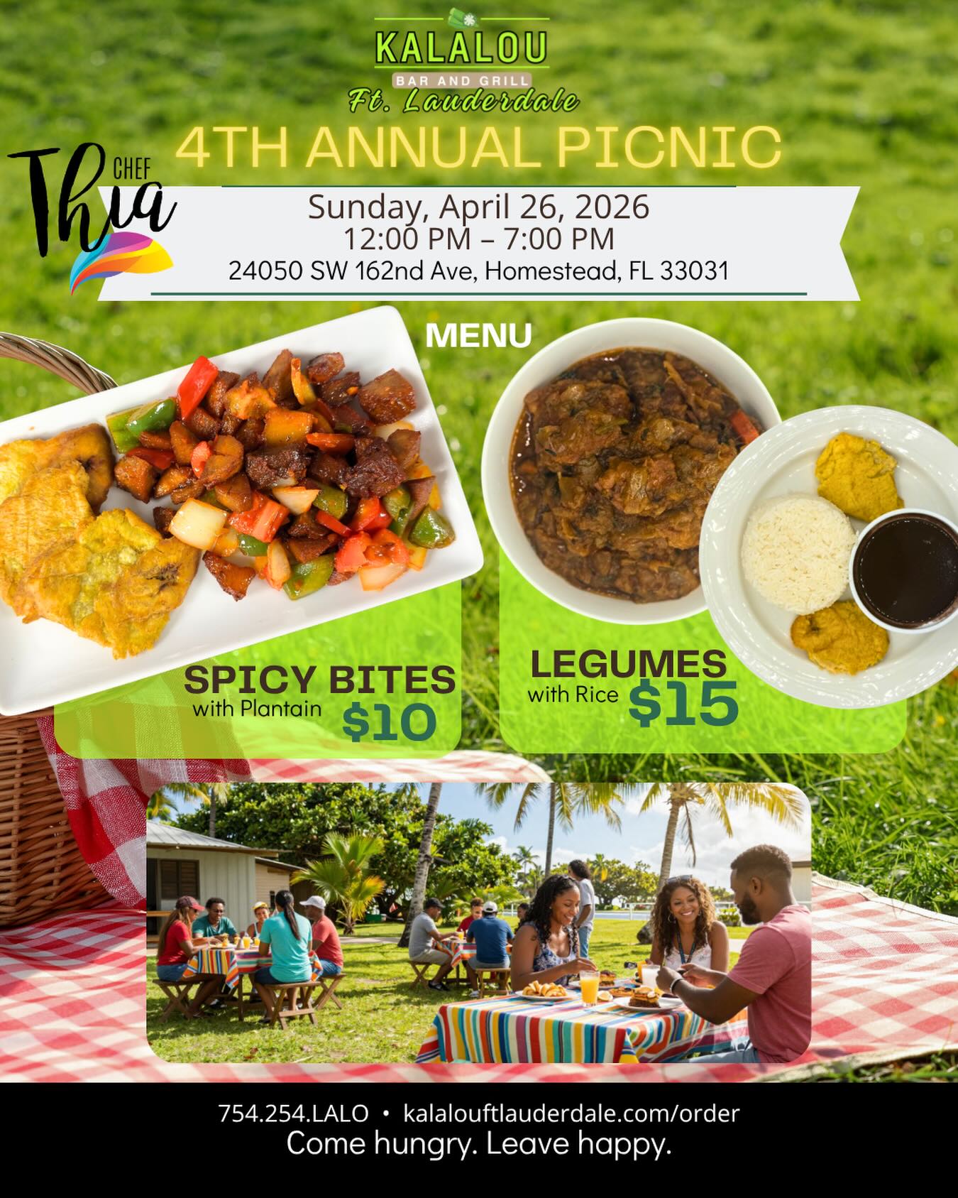 We’re proud to be a sponsor of the 4th Annual Picnic by Chef Thia and even more excited to be there as a vendor at the beautiful Redlands Tropical Garden in Homestead.
Come out and enjoy an amazing day of food, community, and good vibes with us on Sunday, April 26, 2026 from 12 PM to 7 PM. Kalalou Ft. Lauderdale will be on site serving up flavor, so pull up hungry and ready to enjoy.
Location: 24050 SW 162nd Ave, Homestead, FL 33031
We can’t wait to support this incredible event and celebrate with everyone there.
#KalalouFtLauderdale #ChefThia #4thAnnualPicnic #RedlandsTropicalGarden #HomesteadEvents FoodVendor ProudSponsor SouthFloridaEvents CaribbeanFood SupportLocal