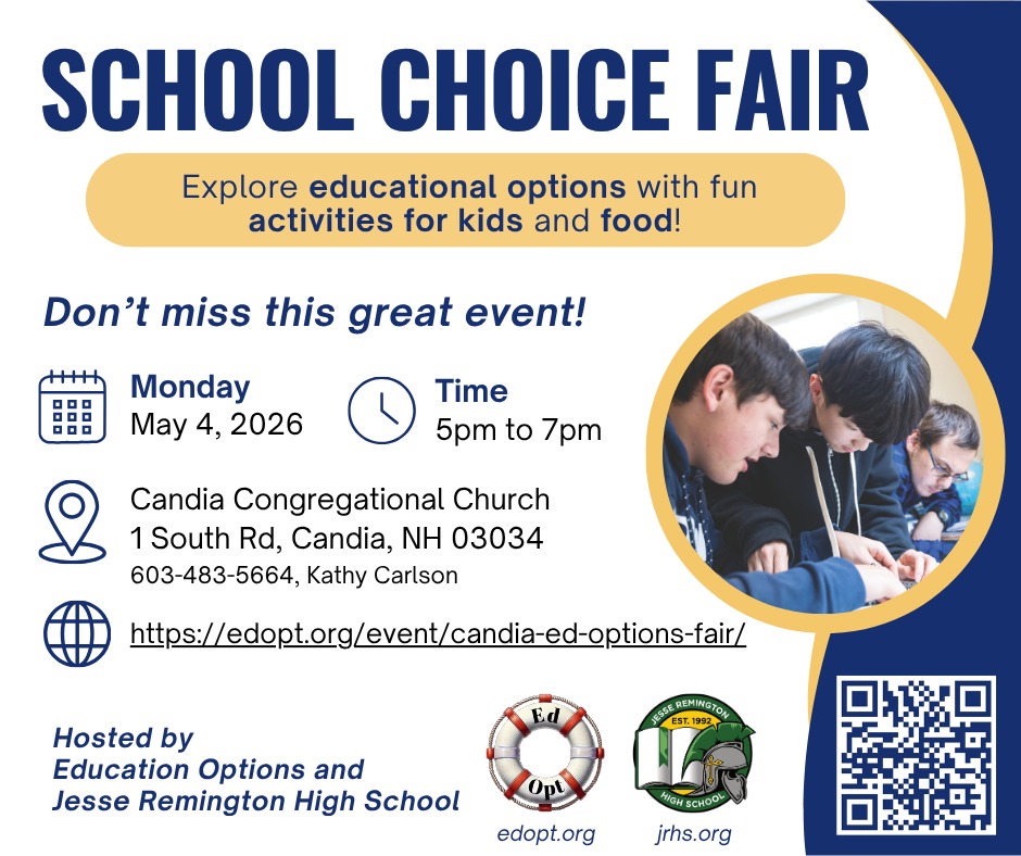 Looking for the right school fit for your child?
Join us at the School Choice Fair for a fun, informative evening with local education options, kids activities, and food!
📅 May 4 | ⏰ 5–7 PM
📍 1 South Rd, Candia, NH
Hosted by @edoptnh & @jesseremingtonhigh
🔗 https://edopt.org/event/candia-ed-options-fair/