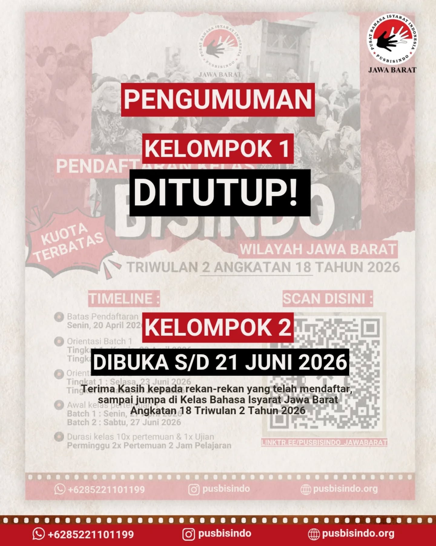 Halo Sahabat Pusbisindo๐โจ
Pendaftaran Kelas Bisindo Wilayah Jawa Barat kelompok 1 resmi ditutup!
Bagi yang ingin belajar bersama kami, kesempatan masih tersedia, dan dapat mendaftar pada kelompok 2 periode Juni-Agustus.๐คฉ๐โจ
Terima kasih kepada rekan-rekan atas antusiasnya di kelompok 1, sampai jumpa di kelas Bisindo wilayah Jawa Barat. ๐๐ฅณ
#Bisindo #BahasaIsyarat #bahasaisyaratindonesia #pusbisindojawabarat