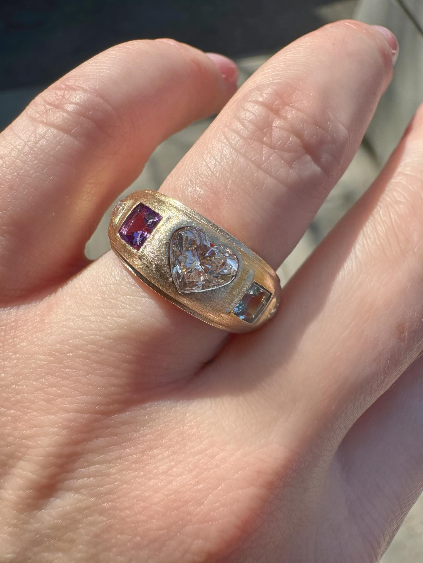Ohhhh how I love this ring. My client had the beautiful heart centre stone and she wanted to incorporate her kid’s birthstones into a ring. We also added tapered baguette diamonds on either side to complete it. Paired with a chubby stacker if you scroll 😍