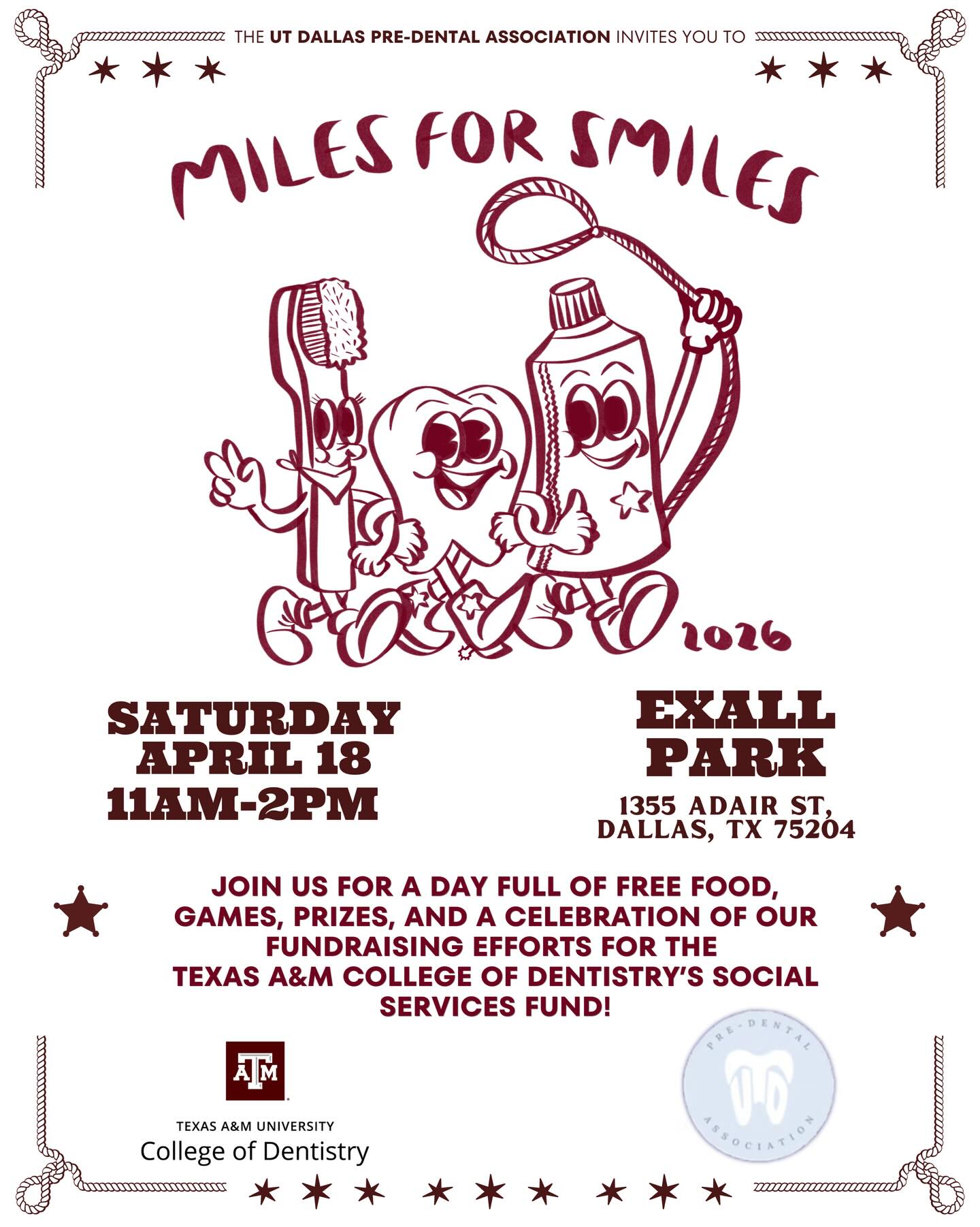 Our annual celebration for Miles for Smiles is happening this SATURDAY, April 18th from 11 AM to 2 PM at Exall Park 🎉🥳
We will be playing field games, giving away prizes, and of course, celebrating our AWESOME achievements this year with fundraising for @tamudental !
Wear your M4S shirt or any PDA merch from this year, sneakers and comfortable or athletic shorts/pants! 🏃🏃♀️🏃♂️💨💨💨