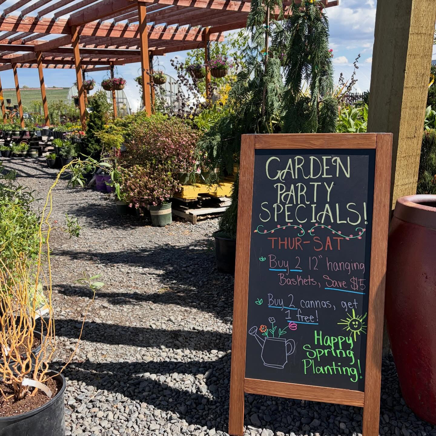Find Garden Party Sales and spring planting tips at the nursery today through Saturday!
🌸 Buy 2 12” Hanging Baskets, Save $5.00
🌺 Buy 2 Cannas, Get one FREE!