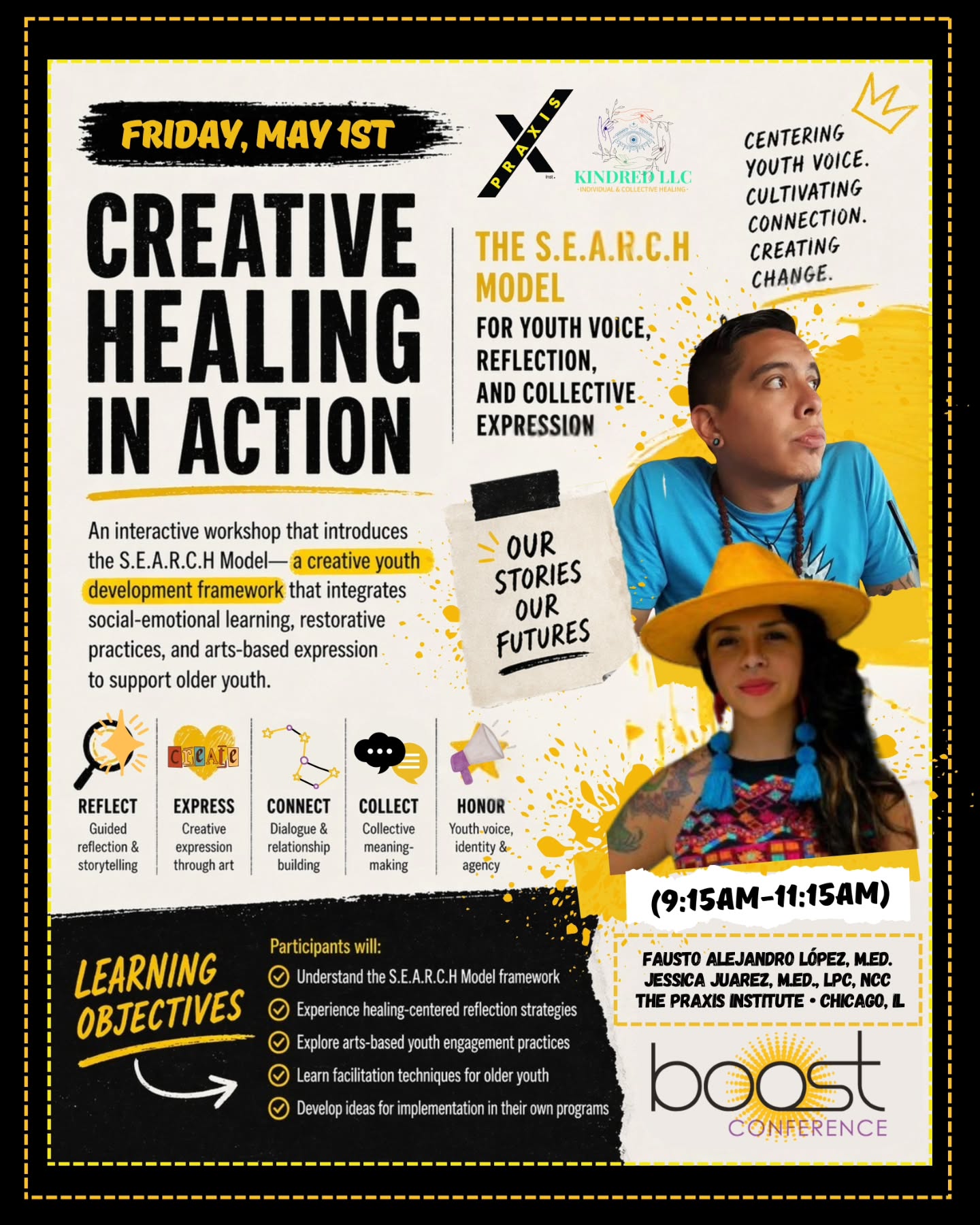 We’re excited to be attending the BOOST Conference next week and grateful to be returning as presenters.
In past years, we’ve had the honor of sharing space with incredible youth-serving professionals, and each experience has deepened our learning. This year, we’re coming back with new insight, refined tools, and an even stronger commitment to centering youth voice, healing, and connection.
Creative Healing in Action: The S.E.A.R.C.H. Model for youth voice, reflection, and collective expression.
We’ll explore how storytelling, dialogue, and art can support identity, belonging, and meaningful engagement for young people.
If you’re attending the conference, we’d love to connect, learn together, and share this space with you.
@boostcollaborative
Friday May 1 2026 | 9:15–11:15 AM
#BOOSTConference #YouthVoice #RestorativePractices #YouthDevelopment #PraxisInstitute