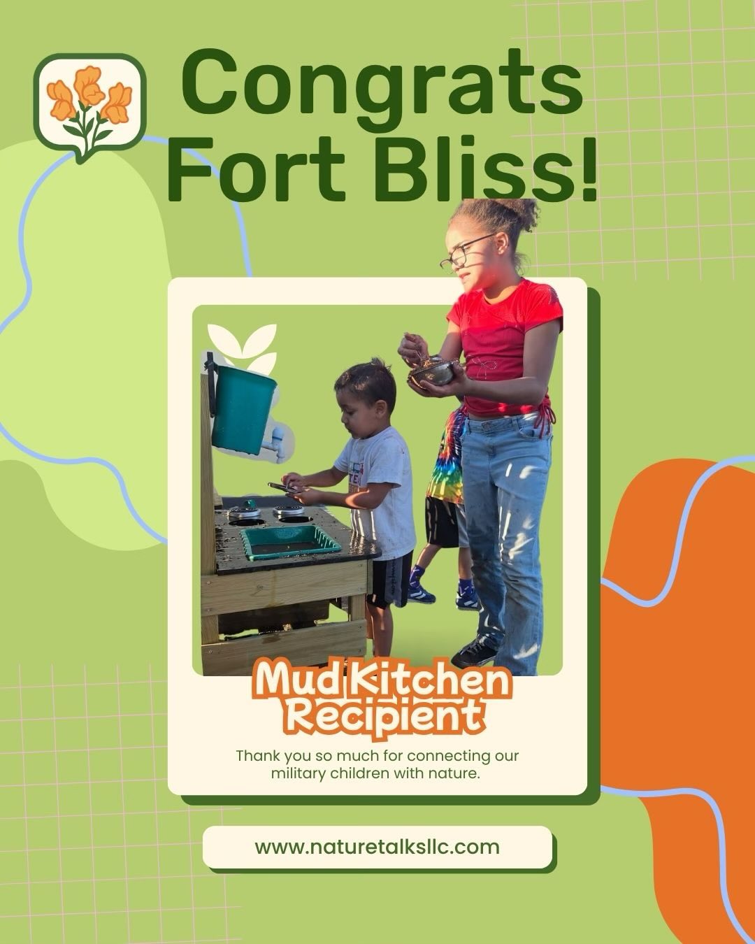 🌱 Celebrating Growth, Community, and Inclusive Play
For the past 4 years, NatureTalks LLC therapy services has proudly awarded a Mud Kitchen to a community initiative dedicated to making nature more inclusive and accessible for children of all abilities.
This year, we are honored to highlight the incredible work happening at Fort Bliss’ community and children’s garden at SKIES Unlimited! This inspiring initiative is led by veteran, mother, and entrepreneur Alex Gamache.
Your passion for helping children grow through meaningful connections with nature truly shines. Thank you for the heart, dedication, and vision you bring to your community... we cannot wait to watch this garden (and all the children it serves) continue to flourish! 🌼
We’re also grateful to continue our partnership with Mission: Food Forest, supporting the Mission Food Forest Military Child Program, which helps military families build lasting connections to nature and sustainable food sources. 🌎🌿
#InclusivePlay #MilitaryFamilies #MonthOfTheMilitaryChild