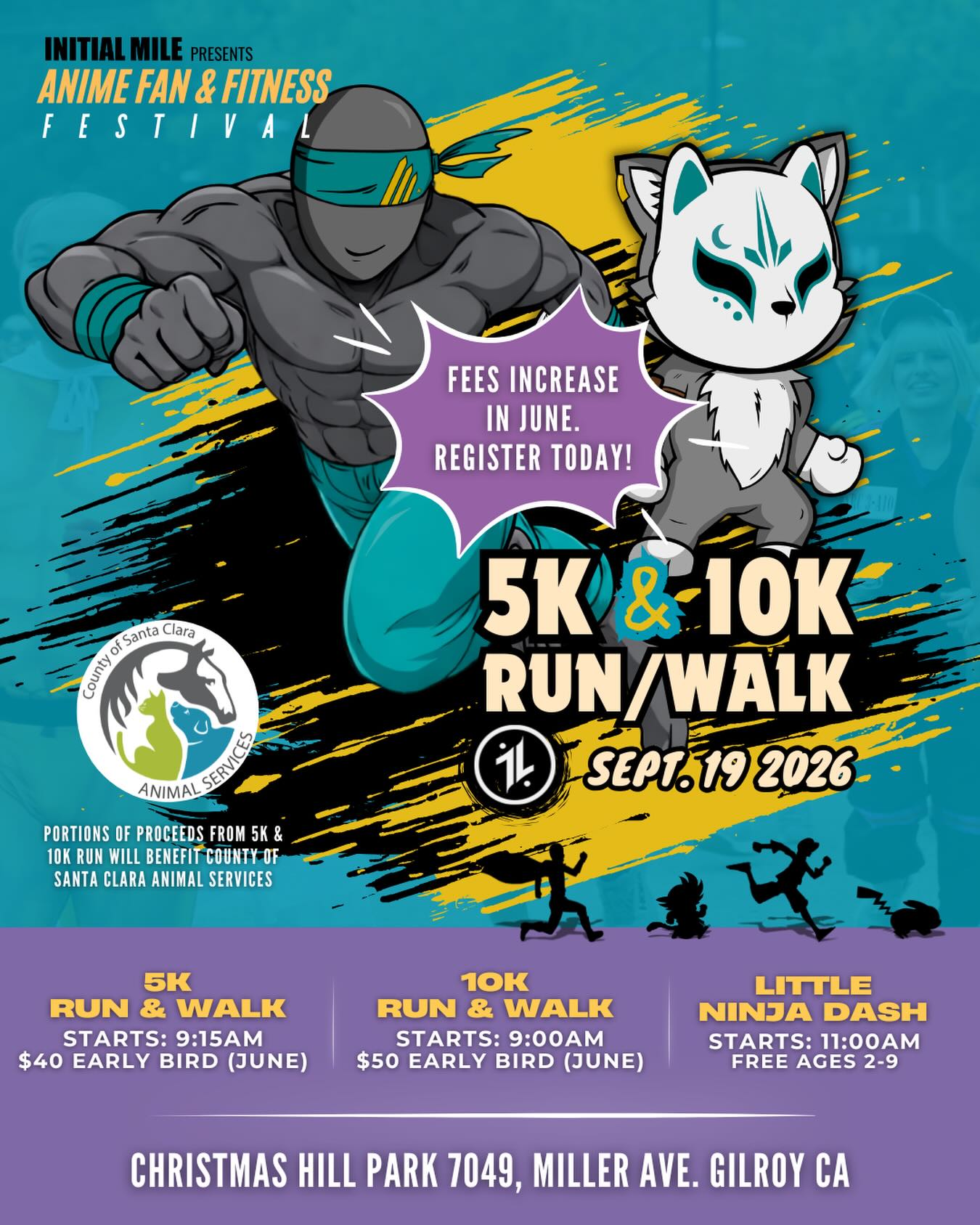 The countdown is on for the 2nd Annual Anime Fan & Fitness Festival, the festival where the worlds of Anime and Fitness collide in Gilroy, CA. Register NOW for the 5K or 10K run before prices increase this June!
Whether you’re chasing a new PR, running in cosplay, or just joining the adventure with friends and family, this is your chance to level up with our community.
Your registration includes:
* Exclusive finisher wood medal
* Race bib
* Official finisher time with SVE Timing
* Option to purchase finisher T-Shirt
* An unforgettable race day atmosphere
* PLUS — portions of every registration will benefit the Santa Clara County Animal Services Center to help support animals in need.
Post race, celebrate your finish at our Victory Village to shop small business, enjoy performances, take on our Fandom Anime Quest Fitness Challenge, join our Cosplay N Draw event and more. Secure your spot now before the next price tier takes place in June! #animefanandfitnessfestival #fitnessfestival #animefestival #initialmile #bayareaevents