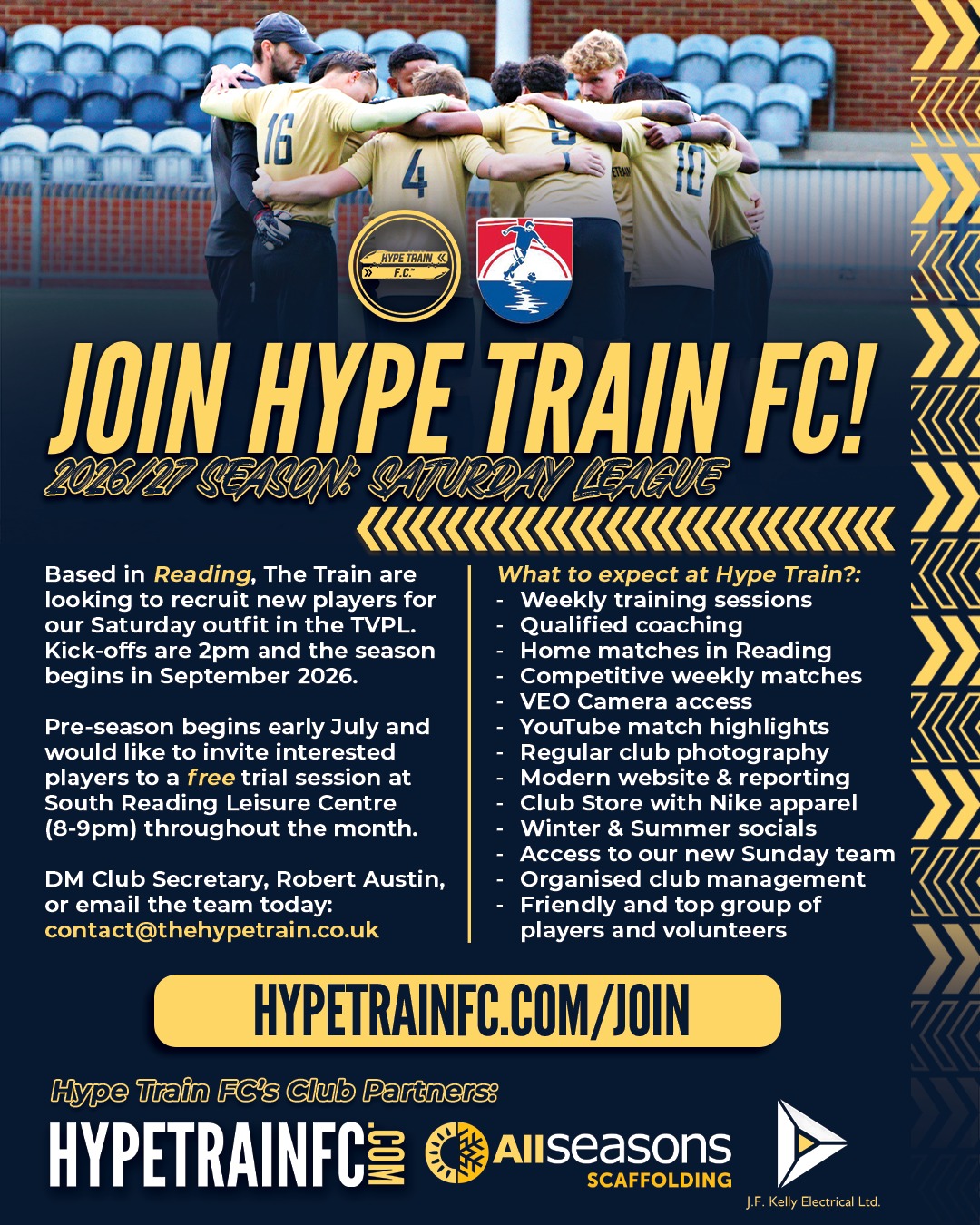 After our maiden season in the @thamesvalley_pl, Hype Train are on the lookout for new players to join us for the 2026/27 season! 🚄⚽️
We boast a good and talented group of players, and everyone at the team is working hard to develop and kick on in the new season - last season, TVPL Division One offered a competitive standard of football and are planning on building upon our first-year experience in the league!
We will be training weekly and will be announcing our home ground later in the summer.
Check out our links in the description to visit our website. We will be hosting free weekly trials across July, so contact the team today if you'd like to be involved at The Train next season!
Visit our website ⏬
hypetrainfc.com/join
#TheHypeTrain #HypeTrainFC #Football #GrassrootsFootball #SaturdayLeague