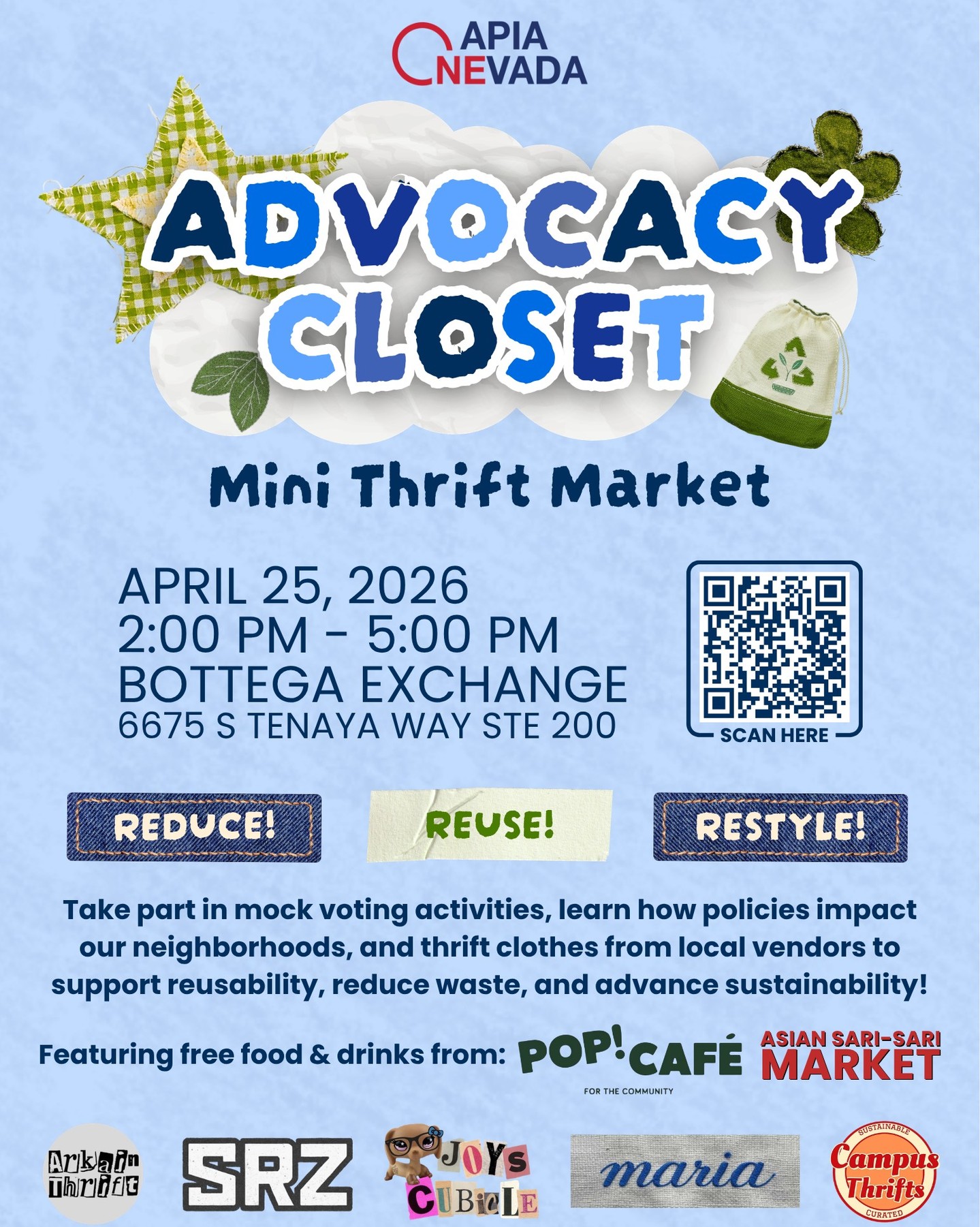 Happy Earth Day! 🌎💚
Join us this Saturday for our mini thrift market to learn about environmental justice and support local thrift vendors: @arkainthrift @srz.garments @joyscubicle @mariasvtg @campusthriftslv
We’ll have matcha and pizza from @popcafe_lv and spam musubis from @asiansarisarimarket, and attendees can enter a raffle by participating in our mock voting activities!
April 25, 2026 | 2 PM - 5 PM
Bottega Exchange | 6675 S Tenaya Way, Ste 200
Sign up through the QR code or link in our bio to RSVP!
#OAN #AANHPI #LasVegas #Thrifting #Environment #Matcha