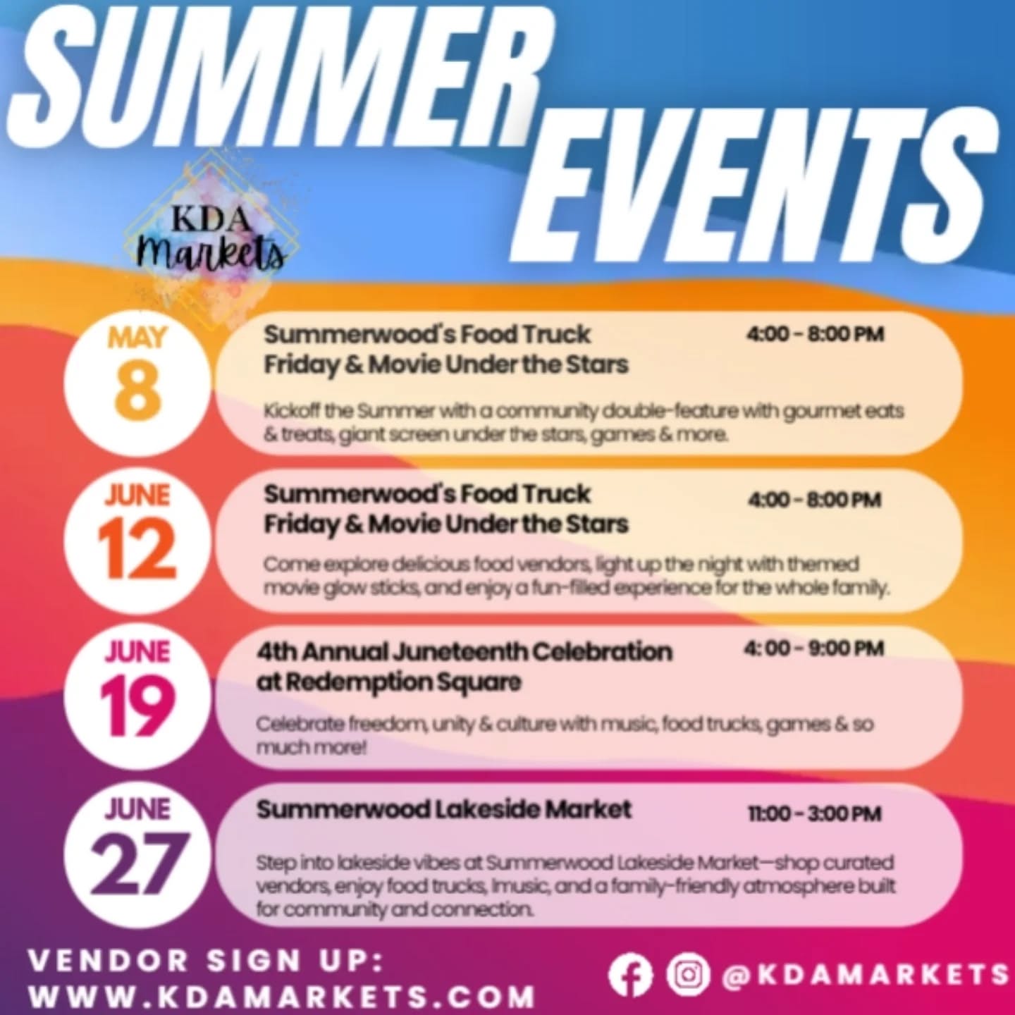 This Summer is blooming with a curated season full of moments you don’t want to miss—good food, great vibes, and even better community.💐💛
Save this post & plan your summer with us 👇🏾
🌮 𝗠𝗮𝘆 𝟴 | 𝟰𝗣𝗠–𝟴𝗣𝗠
𝗦𝘂𝗺𝗺𝗲𝗿𝘄𝗼𝗼𝗱 𝗙𝗼𝗼𝗱 𝗧𝗿𝘂𝗰𝗸 𝗙𝗿𝗶𝗱𝗮𝘆 & 𝗠𝗼𝘃𝗶𝗲 𝗨𝗻𝗱𝗲𝗿 𝘁𝗵𝗲 𝗦𝘁𝗮𝗿𝘀
Kick off the summer with a community double-feature—gourmet eats & treats, a giant screen under the stars, games & more.
🌮 𝗝𝘂𝗻𝗲 𝟭𝟮 | 𝟰𝗣𝗠–𝟴𝗣𝗠
𝗙𝗼𝗼𝗱 𝗧𝗿𝘂𝗰𝗸 𝗙𝗿𝗶𝗱𝗮𝘆 & 𝗠𝗼𝘃𝗶𝗲 𝗨𝗻𝗱𝗲𝗿 𝘁𝗵𝗲 𝗦𝘁𝗮𝗿𝘀
Explore delicious food vendors, light up the night with themed movie glow sticks, and enjoy a fun-filled experience for the whole family.
✊🏾 𝗝𝘂𝗻𝗲 𝟭𝟵 | 𝟰𝗣𝗠–𝟵𝗣𝗠
𝟰𝘁𝗵 𝗔𝗻𝗻𝘂𝗮𝗹 𝗝𝘂𝗻𝗲𝘁𝗲𝗲𝗻𝘁𝗵 𝗖𝗲𝗹𝗲𝗯𝗿𝗮𝘁𝗶𝗼𝗻 𝗮𝘁 𝗥𝗲𝗱𝗲𝗺𝗽𝘁𝗶𝗼𝗻 𝗦𝗾𝘂𝗮𝗿𝗲
Celebrate freedom, unity & culture with music, food trucks, games & so much more!
🛍️ 𝗝𝘂𝗻𝗲 𝟮𝟳 | 𝟭𝟭𝗔𝗠–𝟯𝗣𝗠
𝗦𝘂𝗺𝗺𝗲𝗿𝘄𝗼𝗼𝗱 𝗟𝗮𝗸𝗲𝘀𝗶𝗱𝗲 𝗠𝗮𝗿𝗸𝗲𝘁
Step into lakeside vibes—shop curated vendors, enjoy food trucks, music, and a family-friendly atmosphere built for connection.
🎆 𝗝𝘂𝗹𝘆 𝟯 | 𝟰𝗣𝗠–𝟴𝗣𝗠
𝗙𝗼𝗼𝗱 𝗧𝗿𝘂𝗰𝗸 𝗙𝗿𝗶𝗱𝗮𝘆: 𝟰𝘁𝗵 𝗼𝗳 𝗝𝘂𝗹𝘆 𝗘𝗱𝗶𝘁𝗶𝗼𝗻
Keep the summer vibes going with gourmet eats, treats, and fun surprises under the stars.
🎇 𝗝𝘂𝗹𝘆 𝟰 | 𝟰𝗣𝗠–𝟵𝗣𝗠
𝗟𝗶𝗯𝗲𝗿𝘁𝘆 𝗼𝗻 𝘁𝗵𝗲 𝗟𝗮𝘄𝗻 𝗮𝘁 𝗥𝗲𝗱𝗲𝗺𝗽𝘁𝗶𝗼𝗻 𝗦𝗾𝘂𝗮𝗿𝗲
Celebrate with live entertainment, great food, local vendors & a spectacular fireworks show!
🛍️ 𝗝𝘂𝗹𝘆 𝟭𝟴 | 𝟭𝟭𝗔𝗠–𝟯𝗣𝗠
𝗦𝘂𝗺𝗺𝗲𝗿𝘄𝗼𝗼𝗱 𝗟𝗮𝗸𝗲𝘀𝗶𝗱𝗲 𝗠𝗮𝗿𝗸𝗲𝘁
Soak up the vibes—shop, eat, and enjoy music in a space built for community and connection.
✨ 𝗝𝘂𝗹𝘆 𝟮𝟱
Stay tuned… something special is coming.
Tag a friend or small business who needs to see this.
—
Vendors & exhibitors: secure your spot now!
🔗 𝘄𝘄𝘄.𝗸𝗱𝗮𝗺𝗮𝗿𝗸𝗲𝘁𝘀.𝗰𝗼𝗺
💌 𝗦𝗽𝗼𝗻𝘀𝗼𝗿𝘀𝗵𝗶𝗽 𝗢𝗽𝗽𝗼𝗿𝘁𝘂𝗻𝗶𝘁𝗶𝗲𝘀: Link in Bio ⬆️
#HoustonEvents #HoustonMarkets #HoustonVendors #ThingsToDoHoustons #SupportLocalHTX