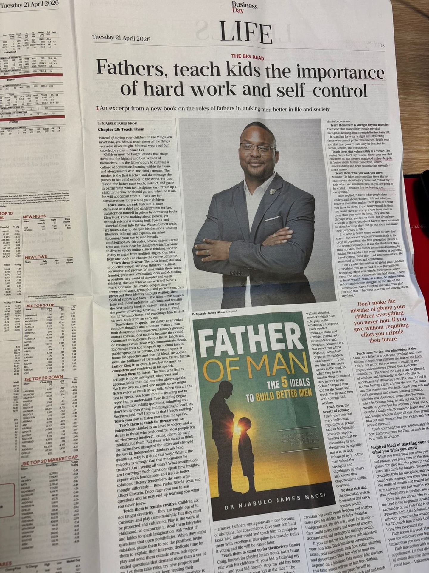 Instagram
Honoured to be featured in Business Day on 21 April 2026.
Seeing Father of Man in print like this means a lot.
This book was never written for noise.
It was written for truth.
For responsibility.
For hard work.
For self-control.
For building better men.
The message is simple.
If we want a better future, we need to build better men and raise better boys.
Grateful for the feature.
Grateful for the journey.
Grateful that the message is landing.
This is not self-help. It is self-confrontation.
#FatherOfMan #BusinessDay #Fatherhood #BuildBetterMen #Masculinity