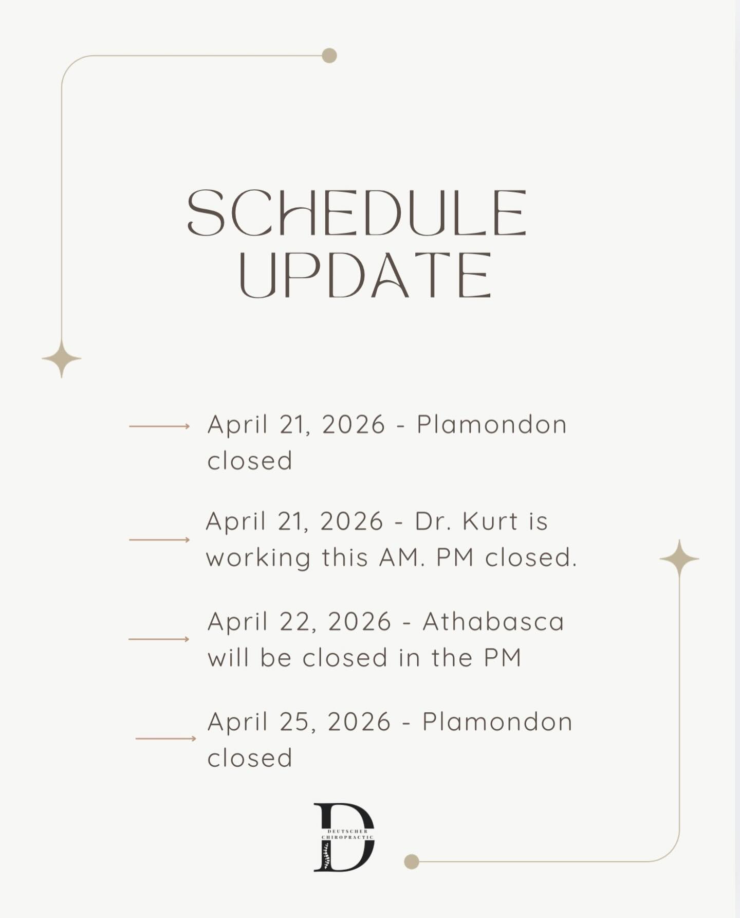 Heads up for this week’s schedule changes 👇
We’ve had a few adjustments across our clinics, so please take a quick look before booking or stopping in.
If you have any questions or need to reschedule, don’t hesitate to reach out!