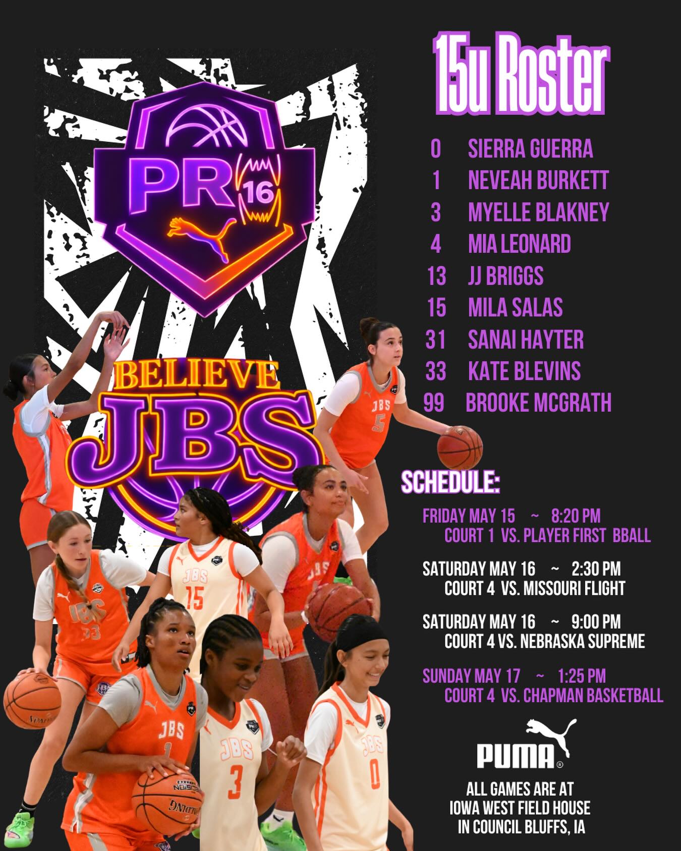 JBS 15u Puma Pro 16 team is ready for session 2 in Nebraska! Just Believe…🏀🔥🏀