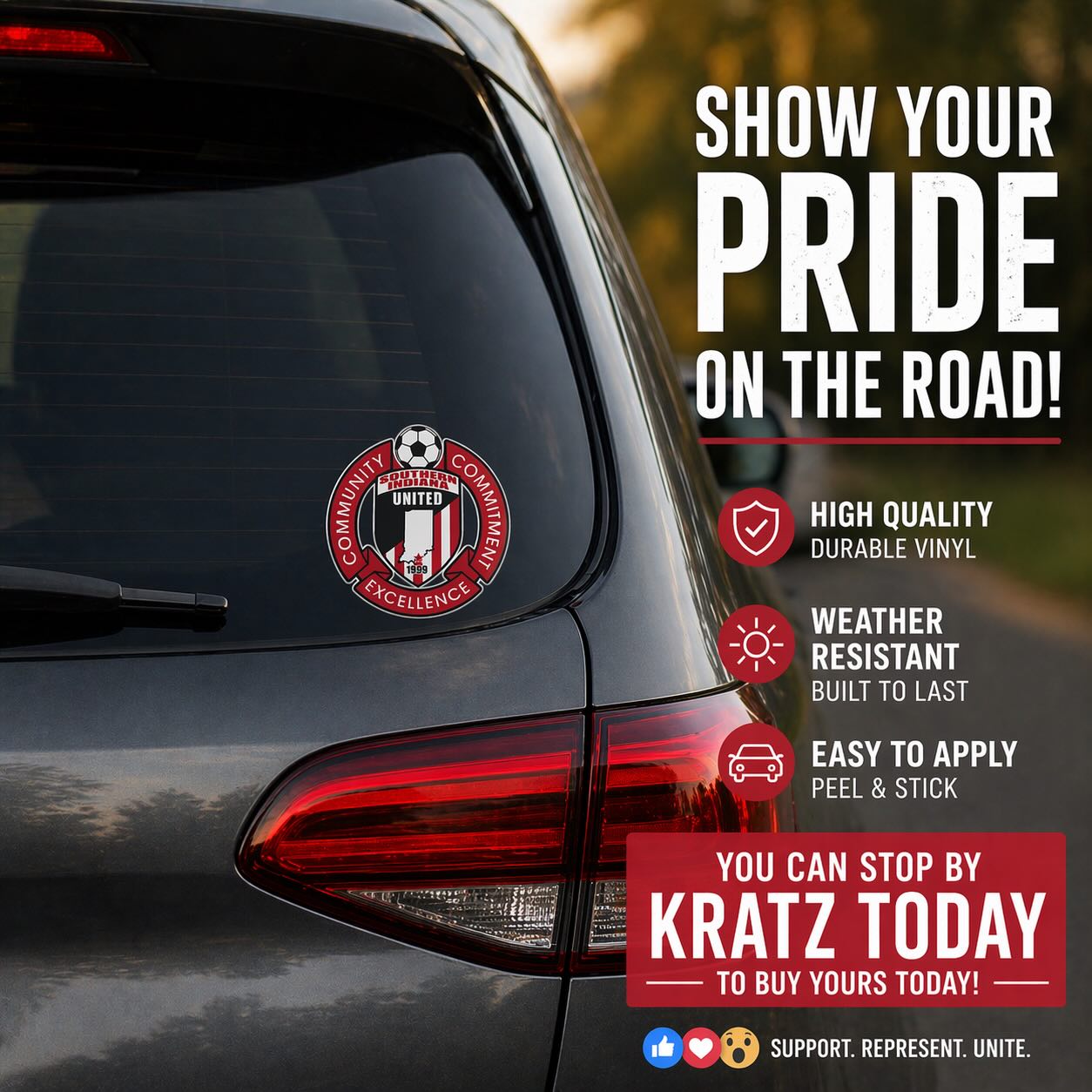 🚗⚽️ SHOW YOUR SIU PRIDE ON THE ROAD!
Rep Southern Indiana United wherever you go with these custom car decals! Perfect size for your back window — clean, bold, and built to last.
✔️ Durable vinyl
✔️ Weather resistant
✔️ Easy peel & stick application
🔥 Stop by Kratz TODAY to grab yours!
Limited supply available — don’t miss out!