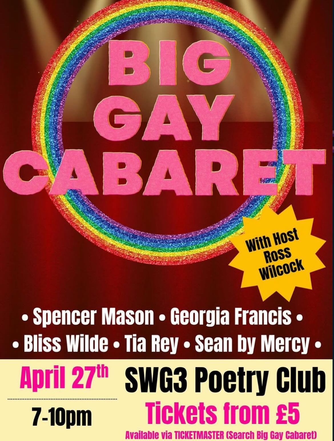 Spring has sprung and it is time to be gay!! 🌈
Delighted to be a part of this year’s Big Gay Cabaret 🏳️🌈 In true bisexual fashion, I’ll be performing a set of deliciously gay love poems written for girls, boys, and non-binary babes 🩷💙💜
Big Gay Cabaret is taking place at @swg3glasgow on Monday 27th April, 7-10pm, do the Spice Girls proud and say you’ll be there 💋
Tickets from £5, available at the link in my bio 🔗
Hosted by @rossopenmic with performances by @spencermasonslife, @blisswildeart, @tia__rey, @seanbymercy, and yours truly 🥰
#imagedescription — poster for Big Gay Cabaret at SWG3 Poetry Club, Glasgow on 27th April, 7-10pm. Photos of Georgia Francis, a white disabled woman, holding her poetry collection Fainting Girl and posing with a sticker that says “I heart fanny”.