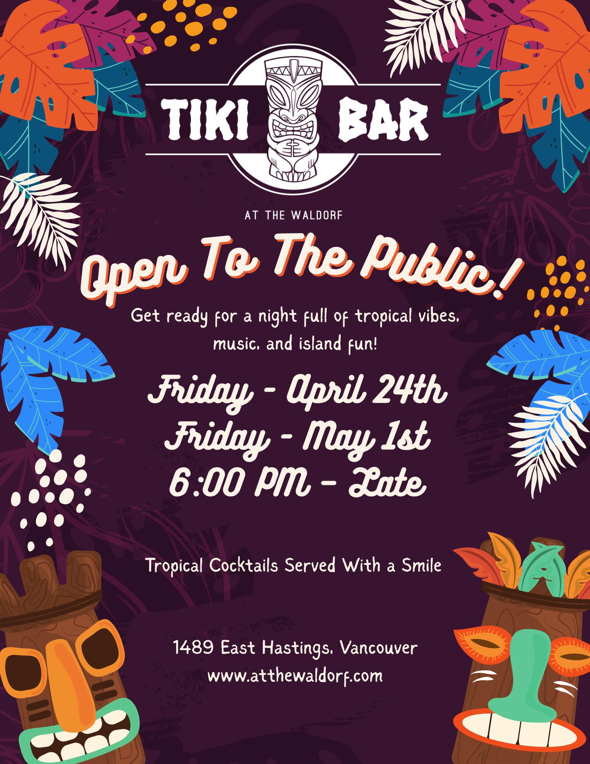 The island soundtrack is loading… 🍍🌺
Tiki Bar is open to the public on select Fridays from 6PM ‘til late. Tropical cocktails, throwback energy, and a little escape tucked into East Van.
📍 April 24 & May 1
📍 At The Waldorf
📍 6PM – Late
No passport required. 🗿🍹