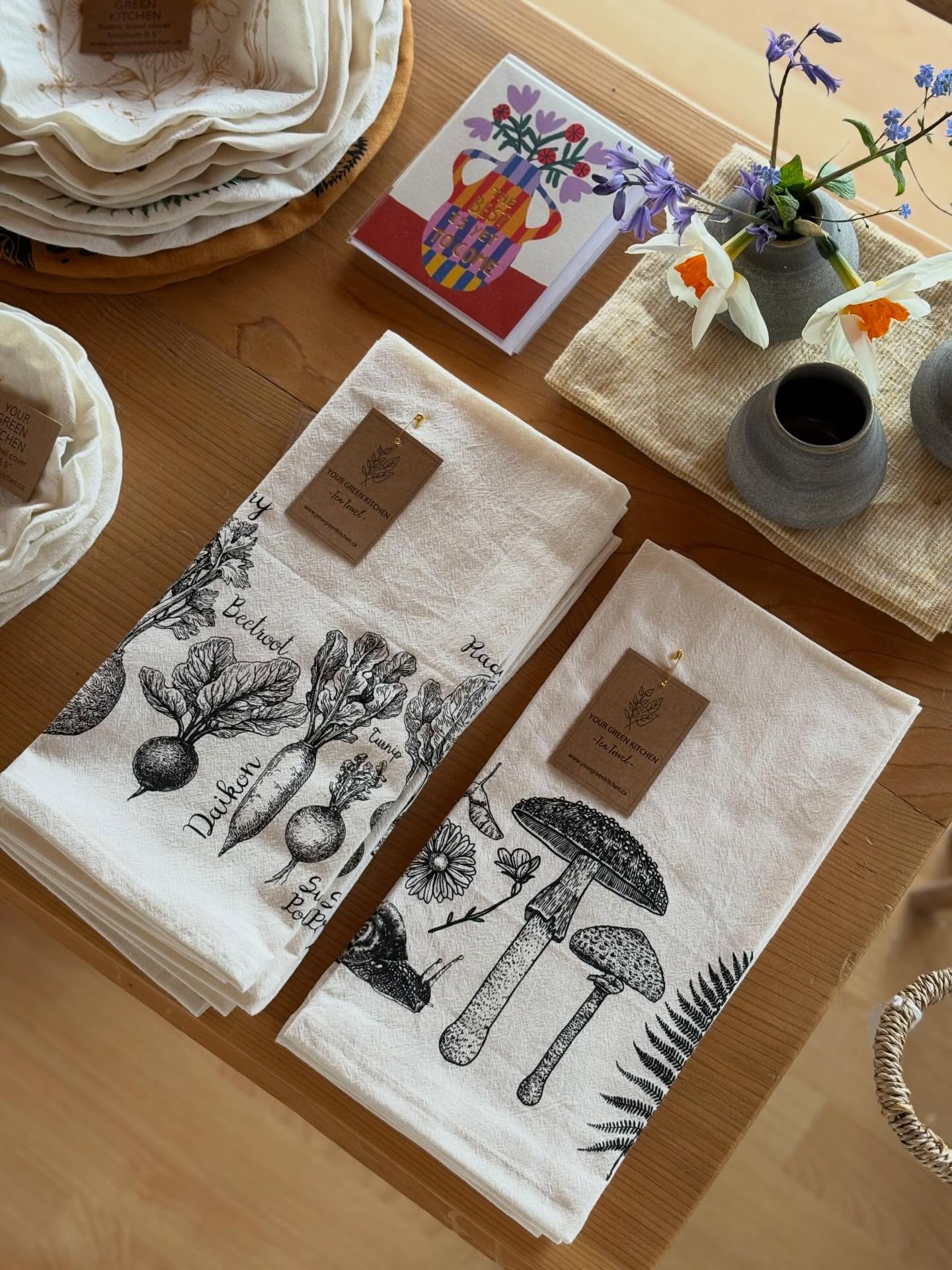 So happy to be carrying @yourgreenkitchen in the shop! Sustainably made, hand printed linens right here in BC! We currently are carrying teatowels, bowl covers, napkins reusable bags and bread bags!