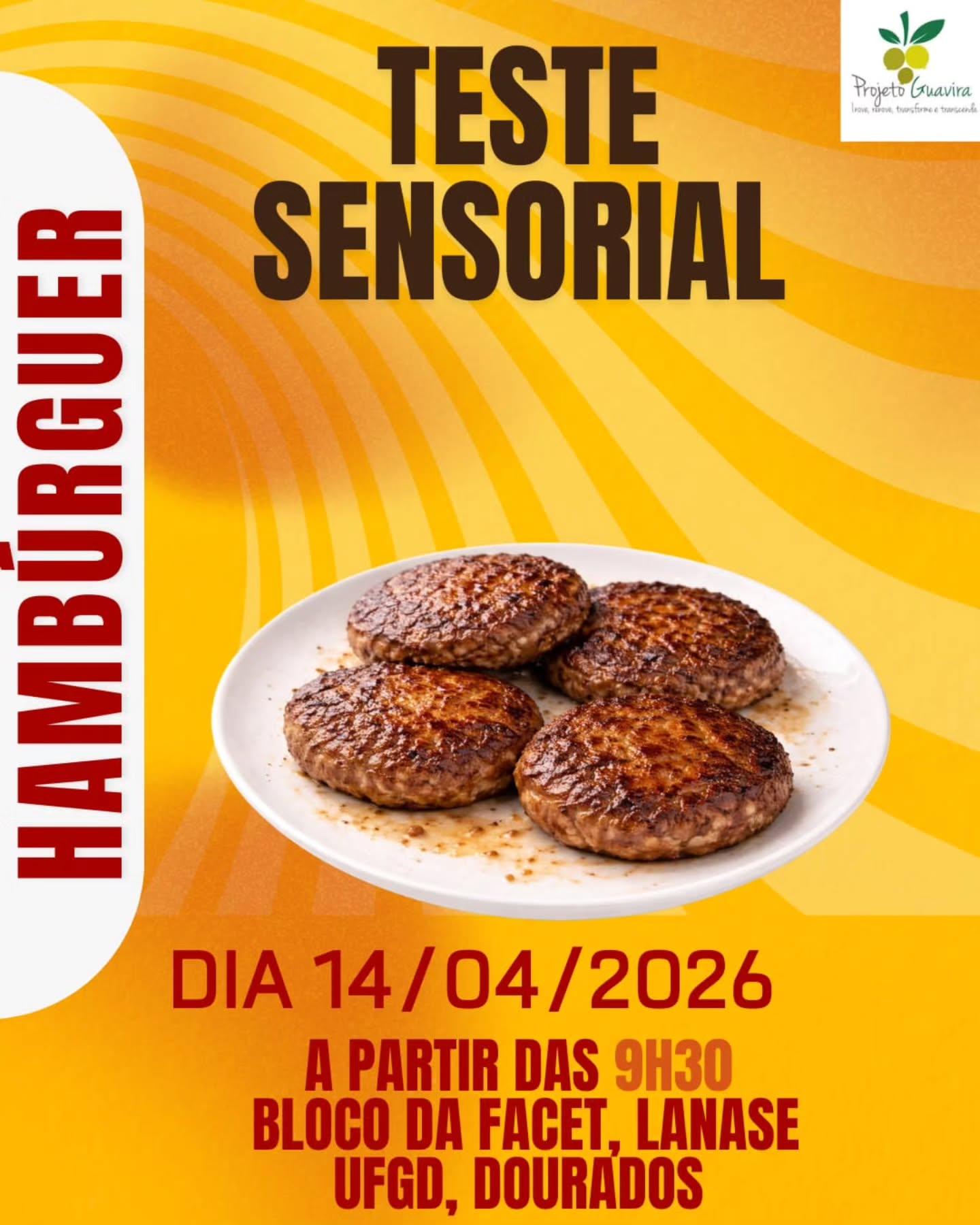 O Projeto Guavira estará presente no Teste Sensorial de Hambúrguer! 🍔✨
Venha participar, experimentar e contribuir com sua opinião. Sua percepção é fundamental para o desenvolvimento de novos produtos!
📅 Data: 14/04/2026⏰ Horário: A partir das 9h30📍 Local: Bloco da FACET, LANASE – UFGD, Dourados
A participação é aberta a todos! Esperamos você! 😊
#projetoguavira #facetufgd #uems
Venha fazer parte do Projeto Guavira! 🌿💚
🔗 Saiba mais em: www.projetoguavira.com� 🔗 Guavira Conecte: www.guaviraconecte.projetoguavira.com 📷 Siga-nos no Instagram: @projetoguavira 🎵 Estamos também no TikTok: @projetoguavira
📘 Curta-nos no Facebook: /projetoguavira 🎬 Assista-nos no YouTube: @projetoguavira