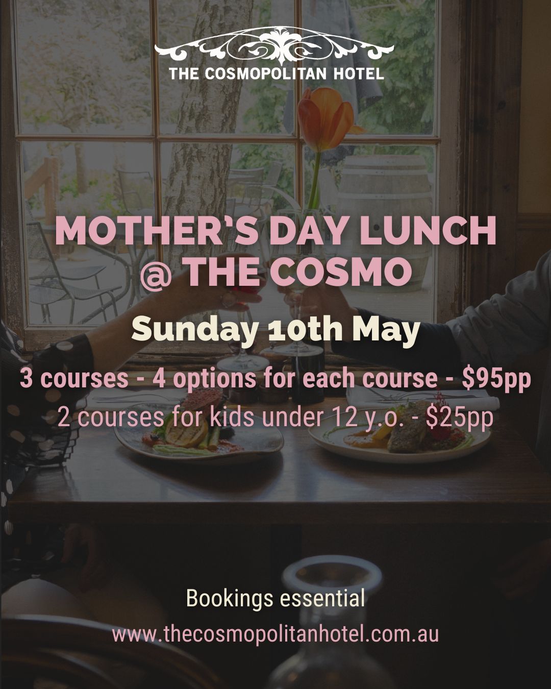 Bookings are open for Mother's Day lunch on Sunday 10 May - three courses, four options per course, with a two-course menu for kids under 12. If you're planning to bring the family to Trentham for the day, now's the time to lock it in.
$95 pp
$25 pp kids menu
Menu coming soon!
Bookings essential via the website.
#mothersday #trentham #cosmotrentham #hepburnshire #thecosmopolitanhotel