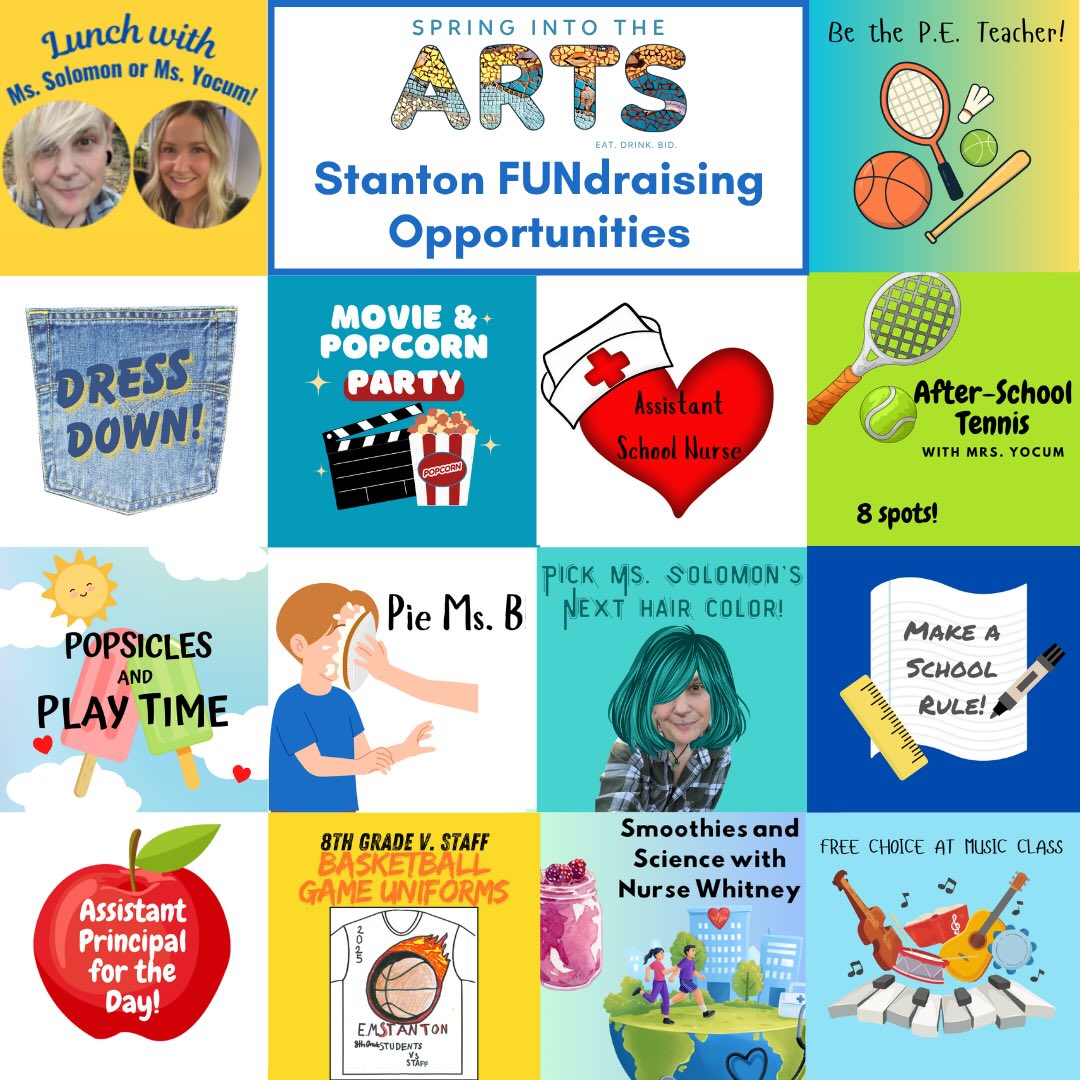 Stanton’s awesome teachers are putting the FUN into FUNdraising once again! Does your student want to play tennis with Ms. Yocum or pick Ms. Solomon’s next hair color?! 🤗🥳
Check out all of these exciting auction items and bid now at bit.ly/SITA2026