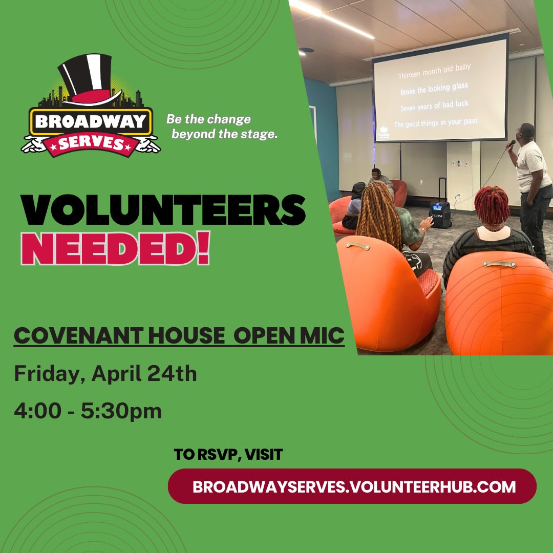 WE NEED VOLUNTEERS to round out April service opportunities. If you’re available to volunteer with @bwayserves at Covenant House on 4/24 or St. Luke’s Soup Kitchen on 4/28, visit broadwayserves.volunteerhub.com or click the link in our bio to RSVP!