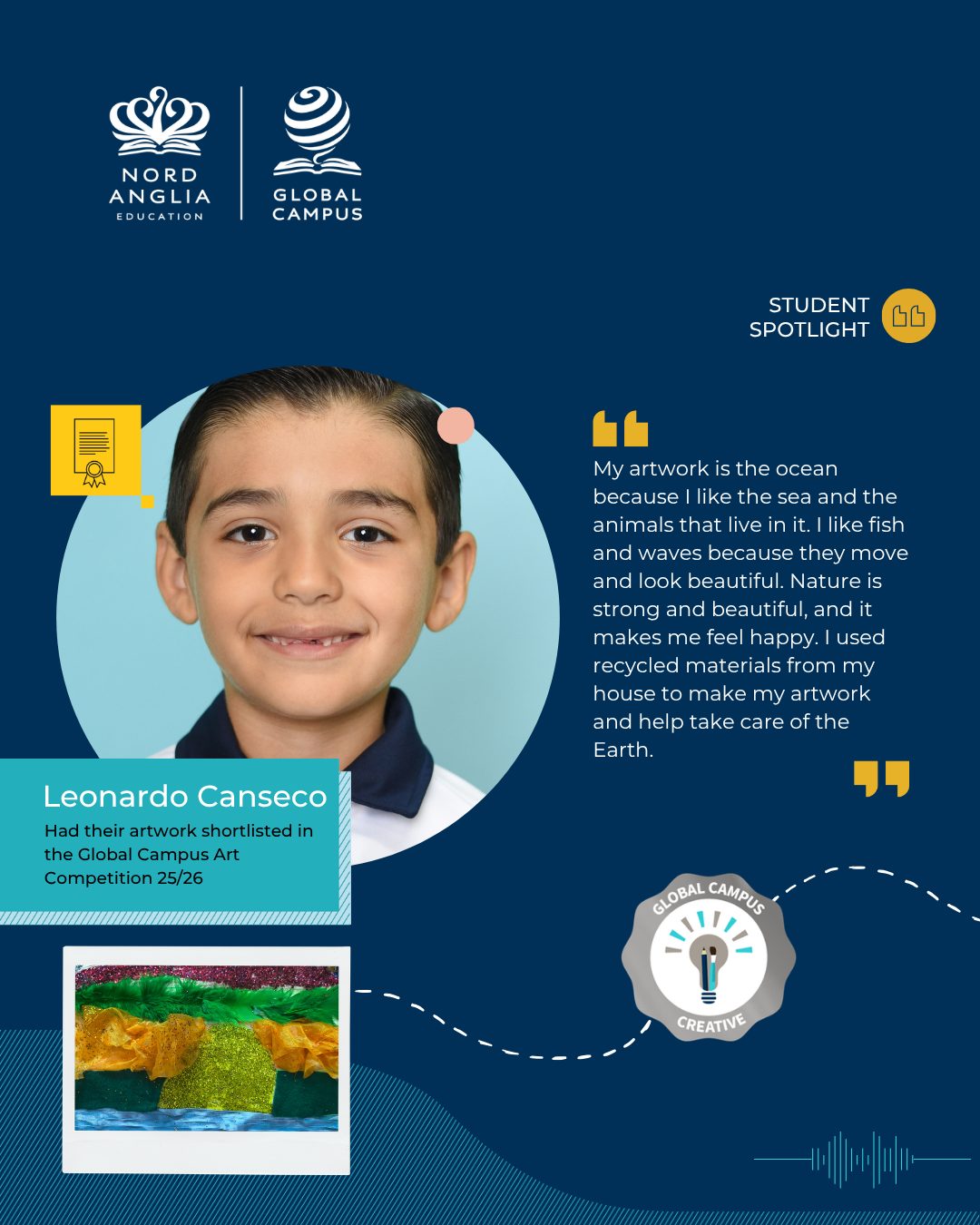 We are excited to share that our very own Leonardo Canseco has been shortlisted in Nord Anglia´s Global Campus Art Competition! This competition was comprised of almost 8,000 students from 50 campuses, and 122 entries were submitted globally. We’re excited to share that Leonardo Canseco’s entry, ‘The strong sun’, has been shortlisted and is one of the final 16 entries now being judged by special guest judge, artist Laura Medcalf. Winners will be announced in May. 🎨🎉👏 #WeAreISR