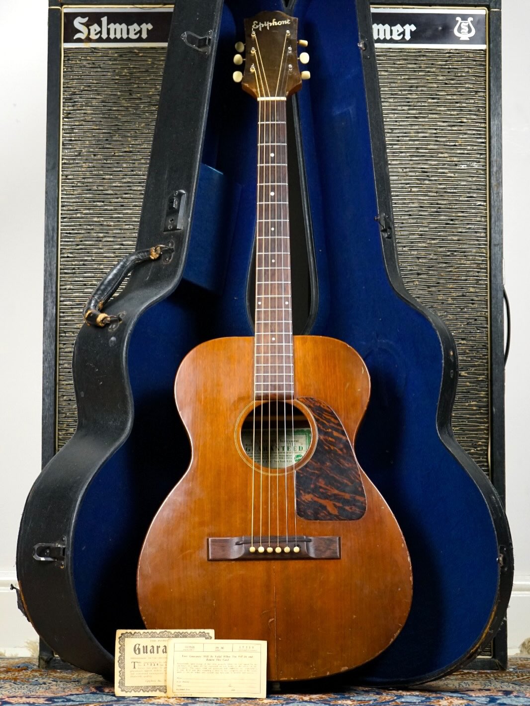 1940 Epiphone FT-30.
Pre-Gibson, made in New York and the earliest (first year) + cleanest example I’ve seen.
Mahogany, with a Cherrywood neck and original factory guarantee (with an endorsement from Epi himself) and its original ‘Big E’ case.
Available now - find another!