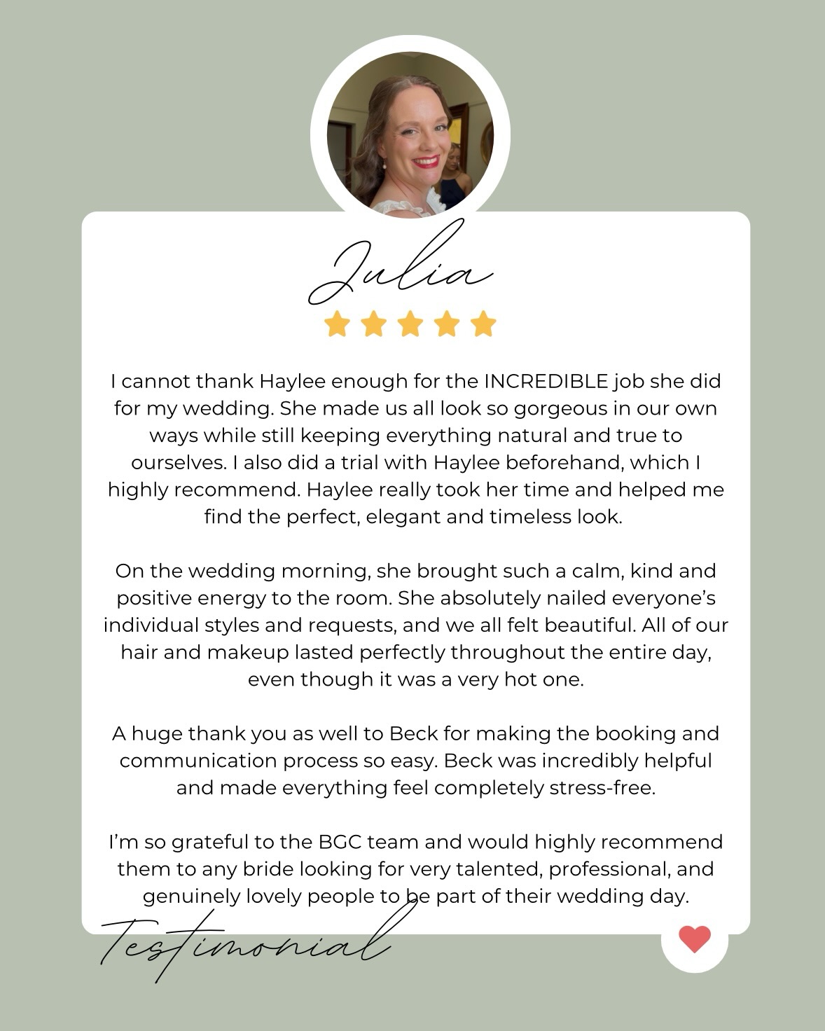Thank you Julia 🙏🥰
A beautiful bridal beauty experience starts long before your trial or wedding day. Planning a wedding is a lot of work so having vendors who are organised and responsive takes the stress out of planning and saves you A LOT of time and mental load. That’s why here at BRIDAL GLOW CO we have a full time team co-ordinator Beck who is there to help you at every step of the process 💕